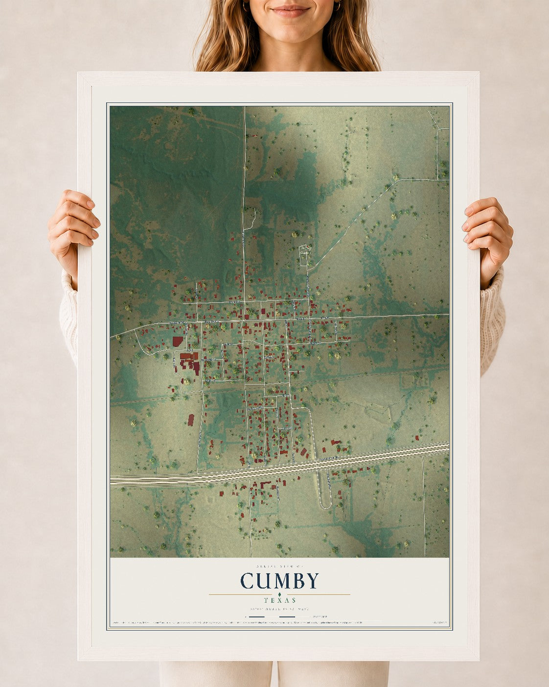 Map of Cumby, Texas, 24 x 36 inch print in a white wood frame