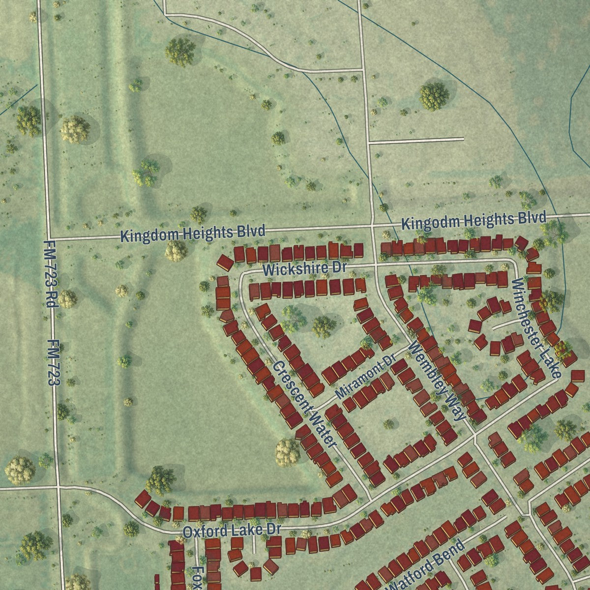 Close-up of the map of Cumings, Texas print showing street and building detail