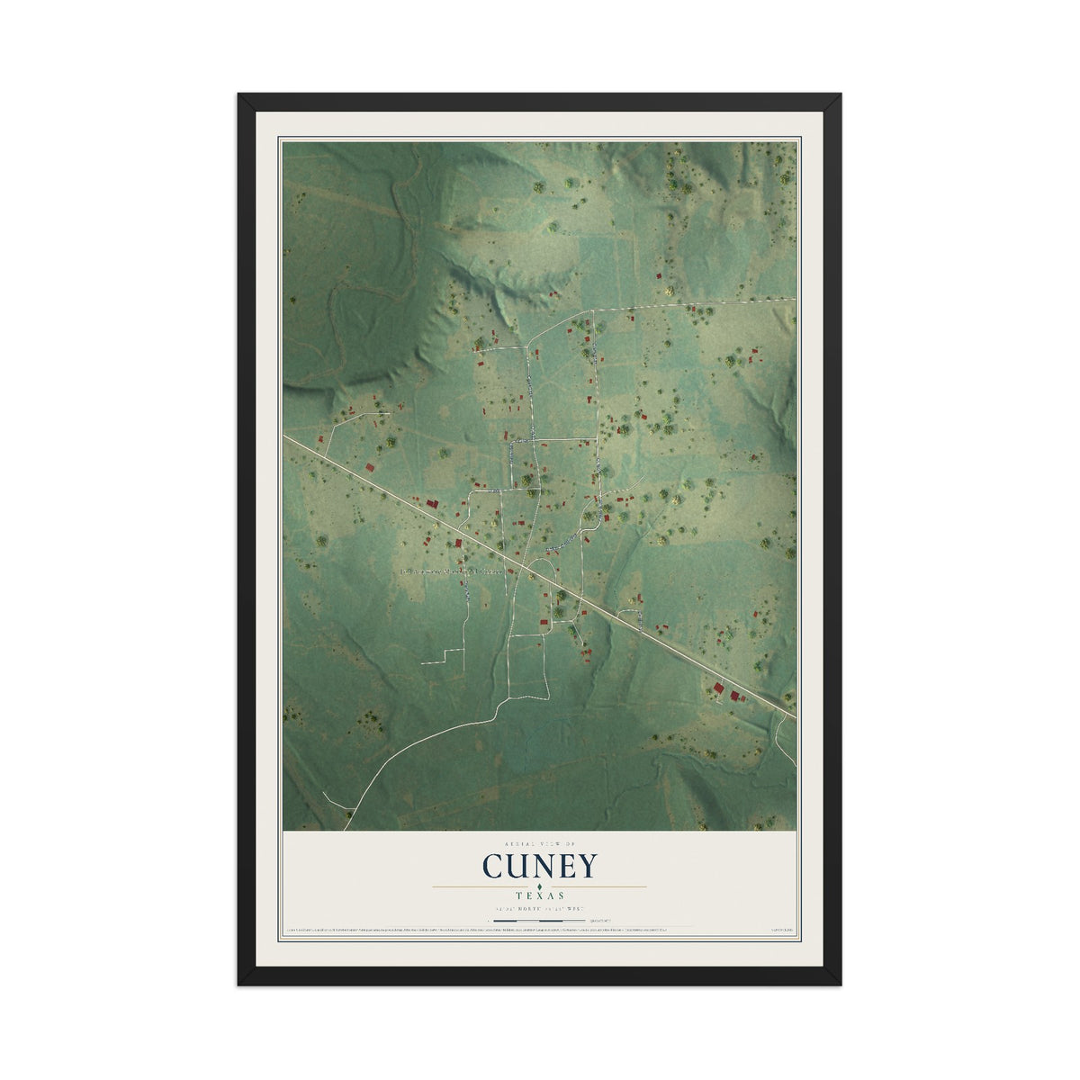 Map of Cuney, Texas, 12 x 18 inch print in a black wood frame