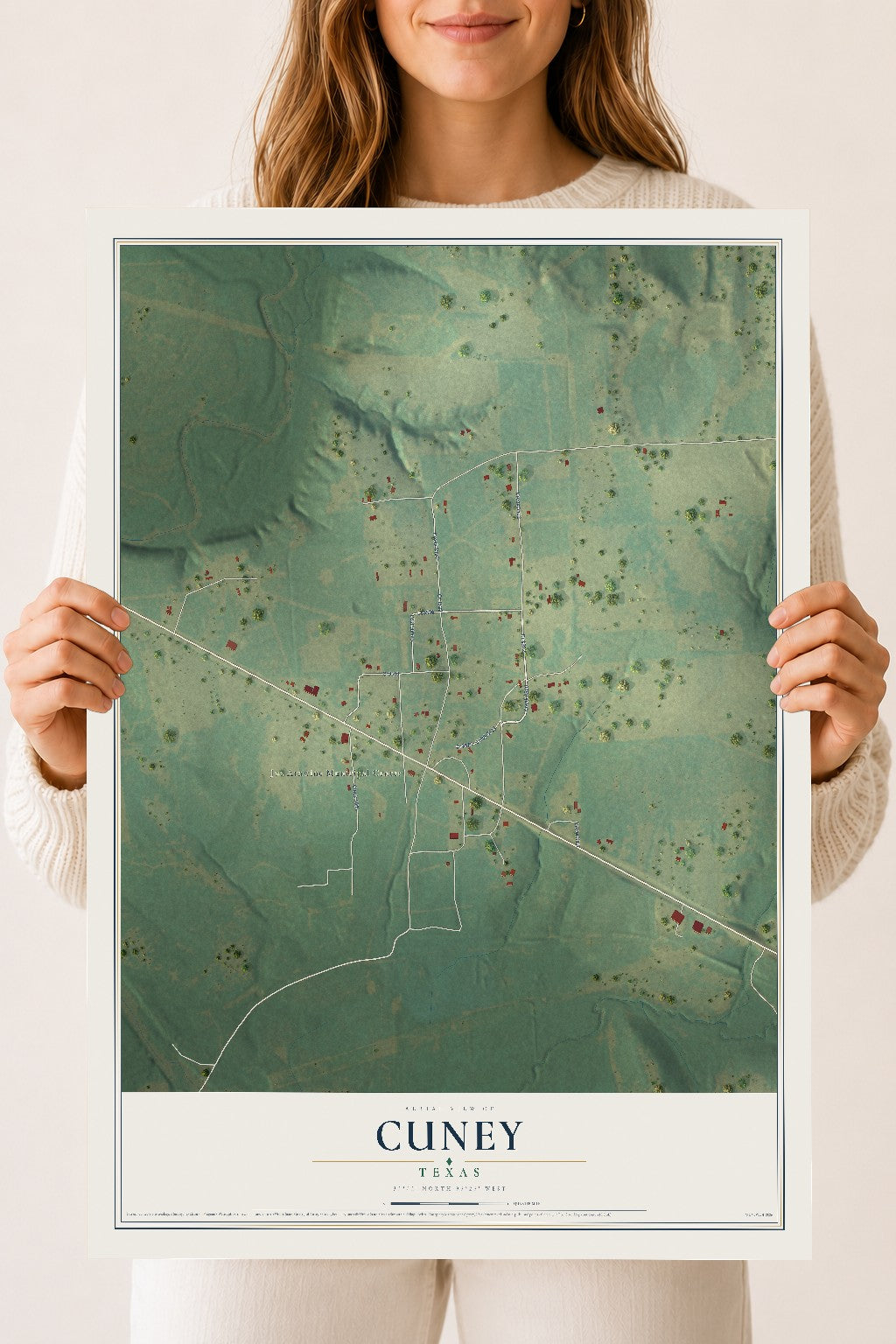 Map of Cuney, Texas, 18 x 24 inch unframed archival matte print