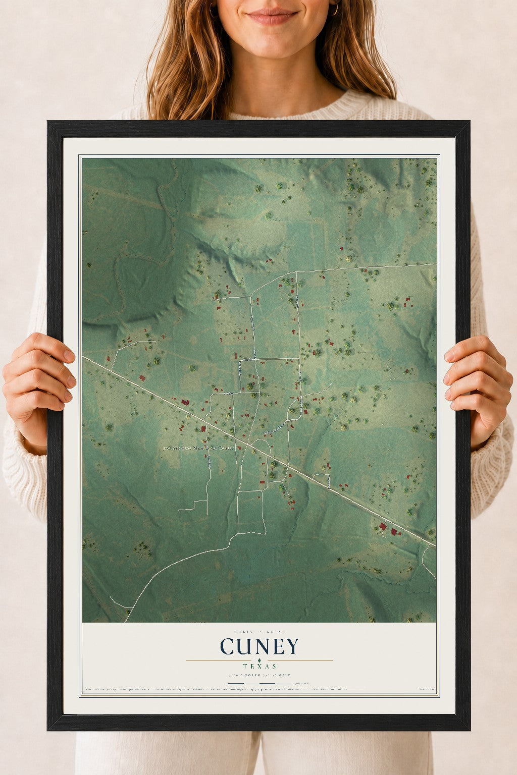 Map of Cuney, Texas, 18 x 24 inch print in a black wood frame