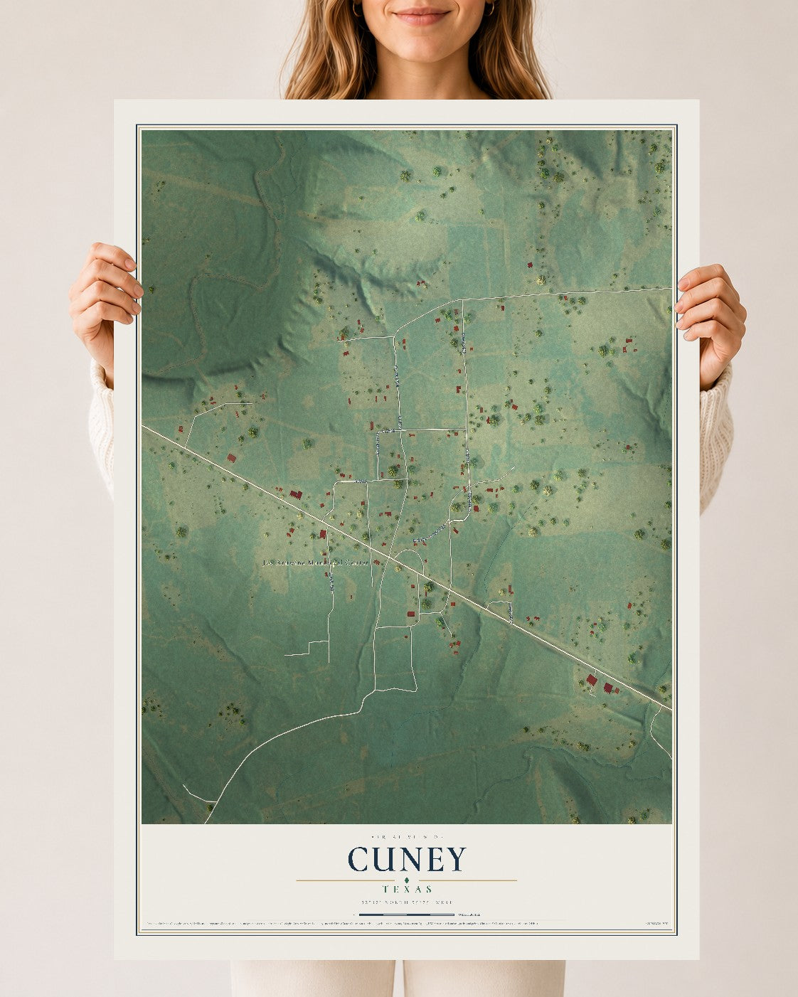 Map of Cuney, Texas, 24 x 36 inch unframed archival matte print