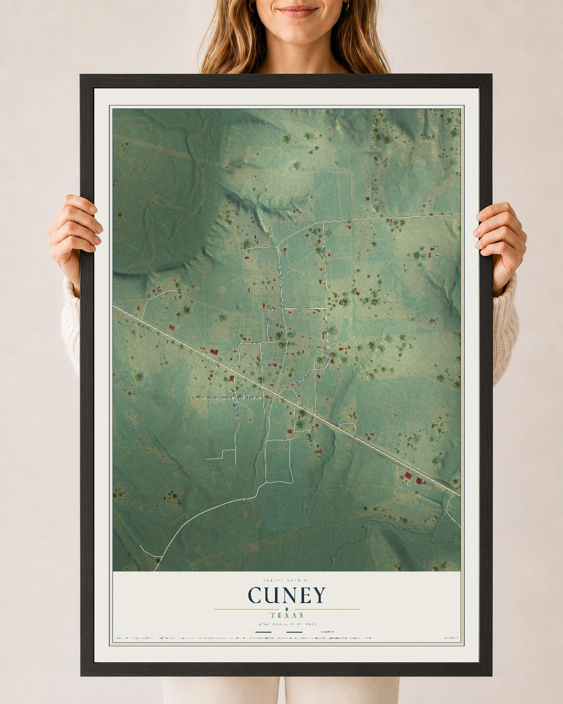 Map of Cuney, Texas, 24 x 36 inch print in a black wood frame