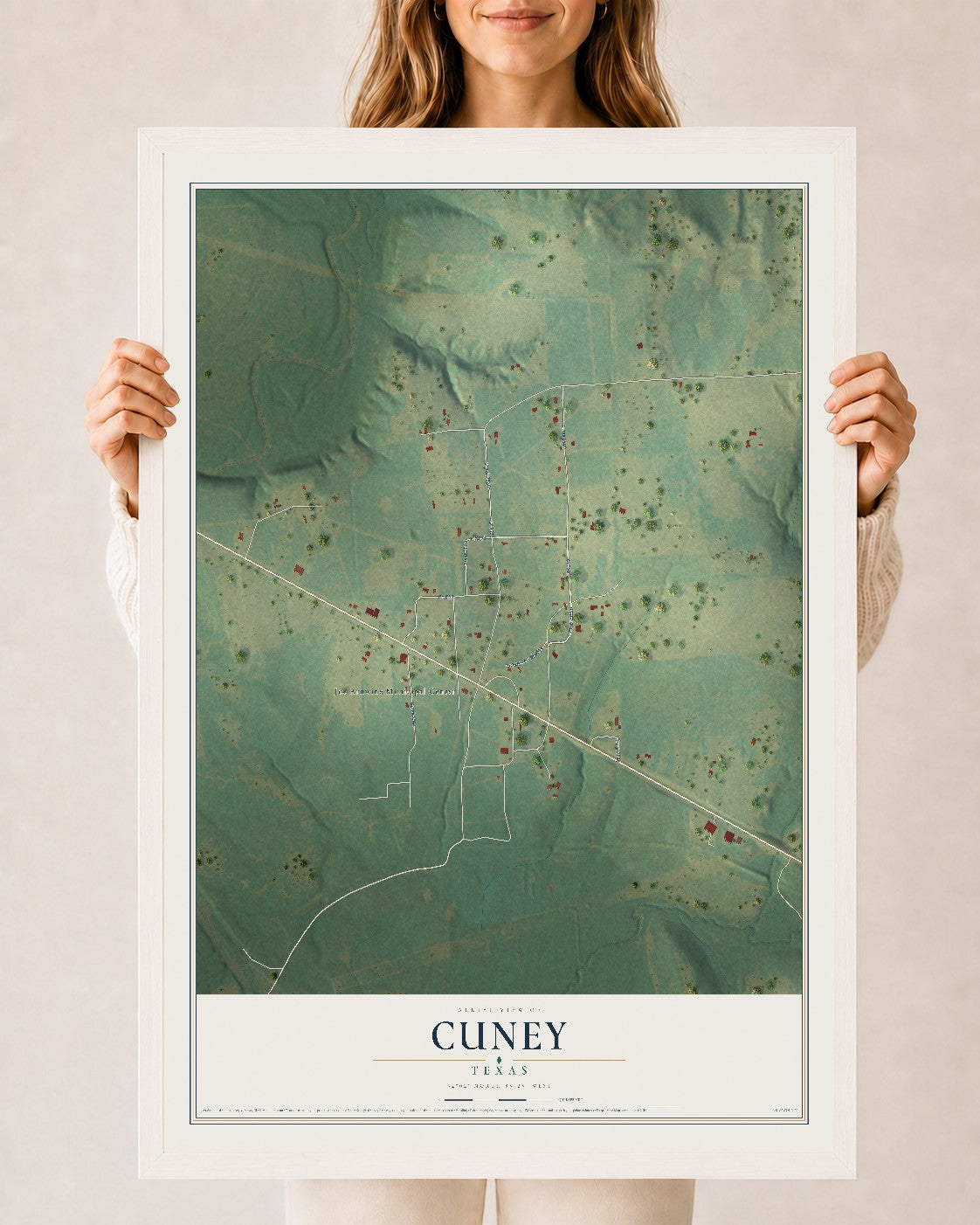 Map of Cuney, Texas, 24 x 36 inch print in a white wood frame