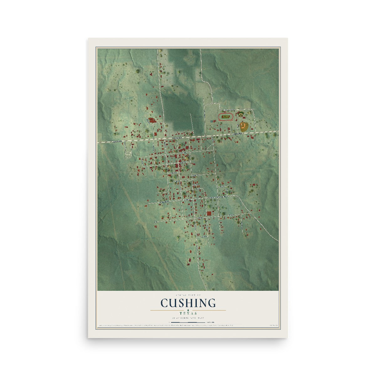 Map of Cushing, Texas, 12 x 18 inch unframed archival matte print