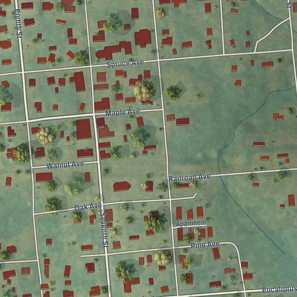 Close-up of the map of Cushing, Texas print showing street and building detail
