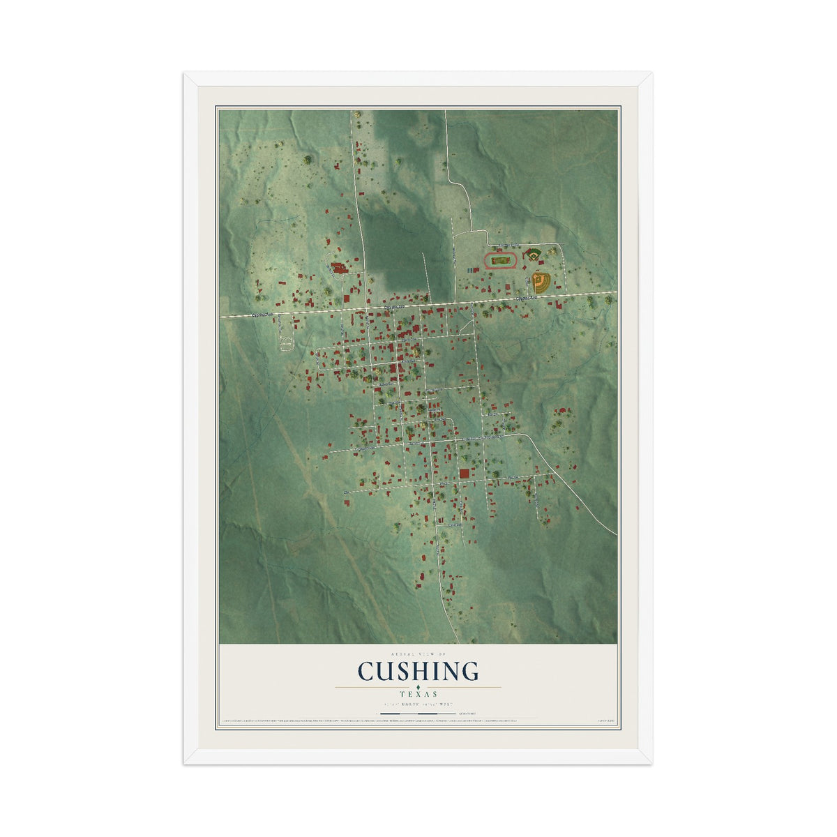 Map of Cushing, Texas, 12 x 18 inch print in a white wood frame
