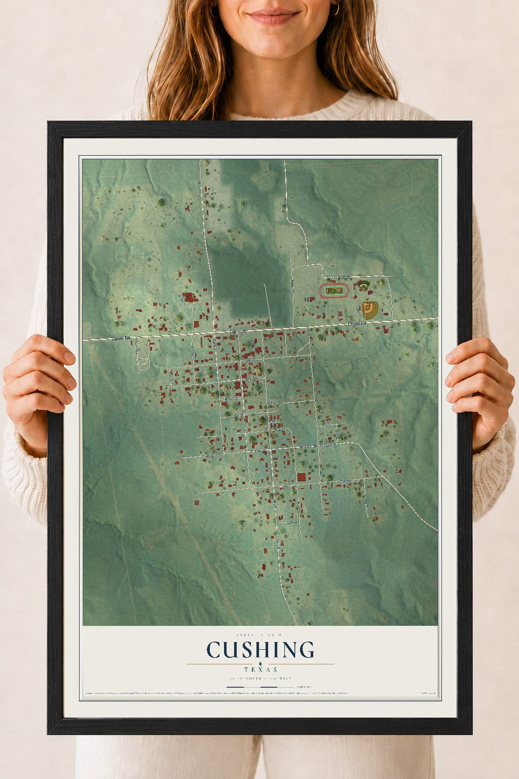 Map of Cushing, Texas, 18 x 24 inch print in a black wood frame