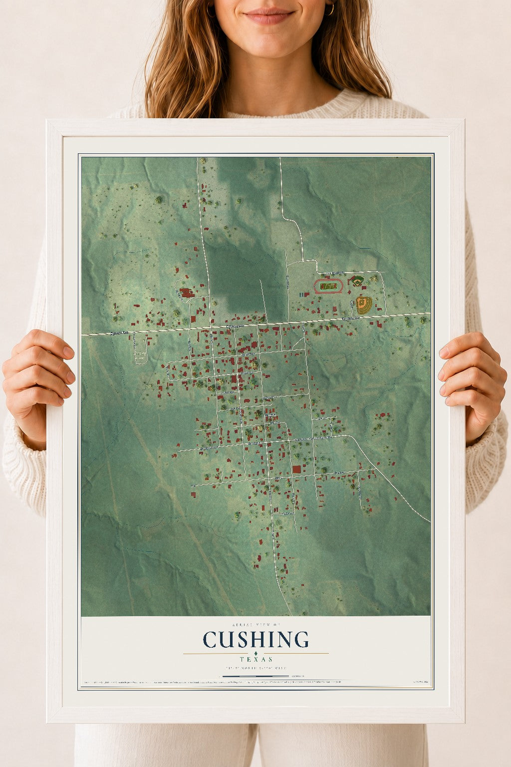 Map of Cushing, Texas, 18 x 24 inch print in a white wood frame