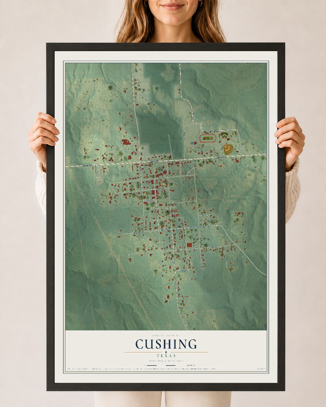 Map of Cushing, Texas, 24 x 36 inch print in a black wood frame