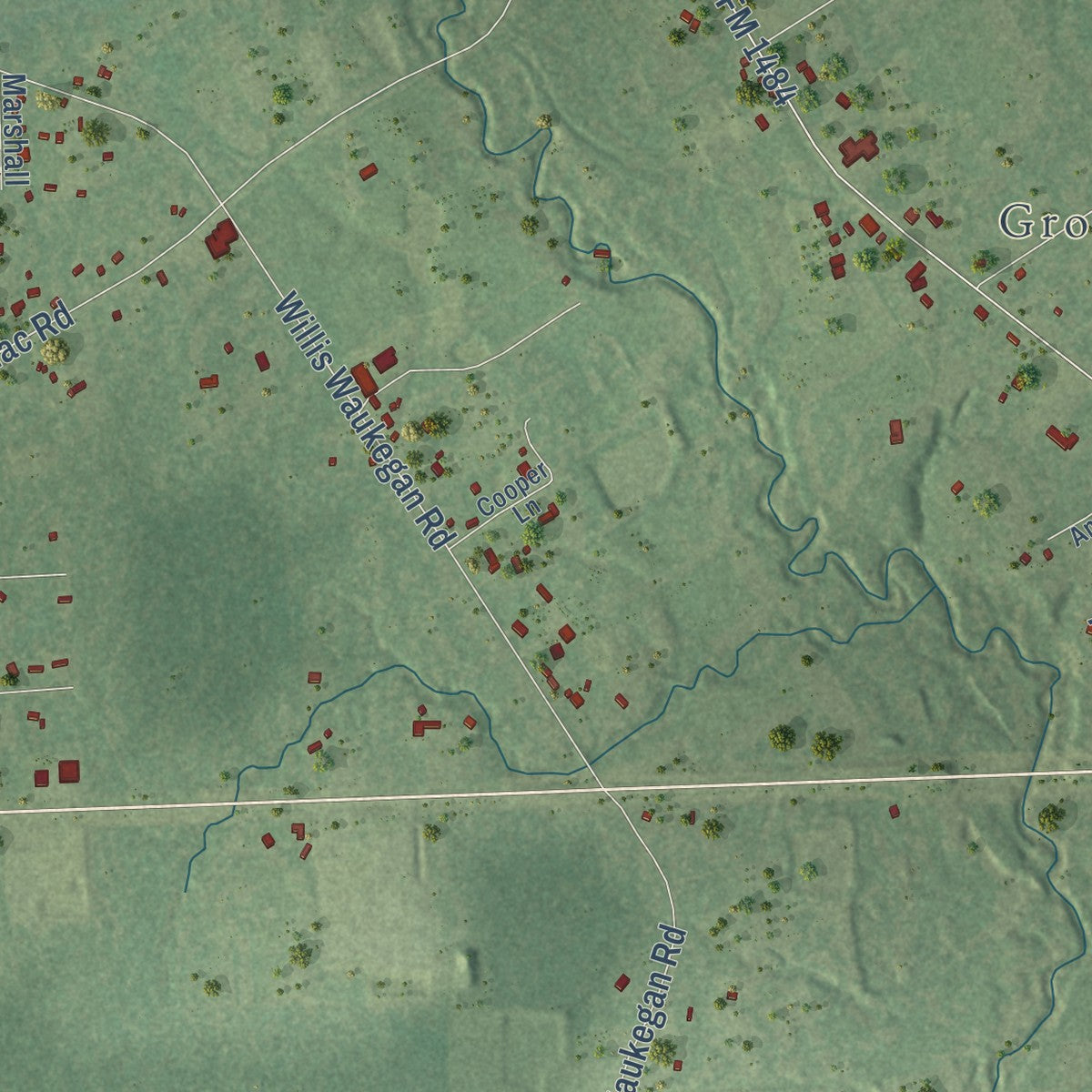 Second close-up of the map of Cut and Shoot, Texas print showing more streets and buildings