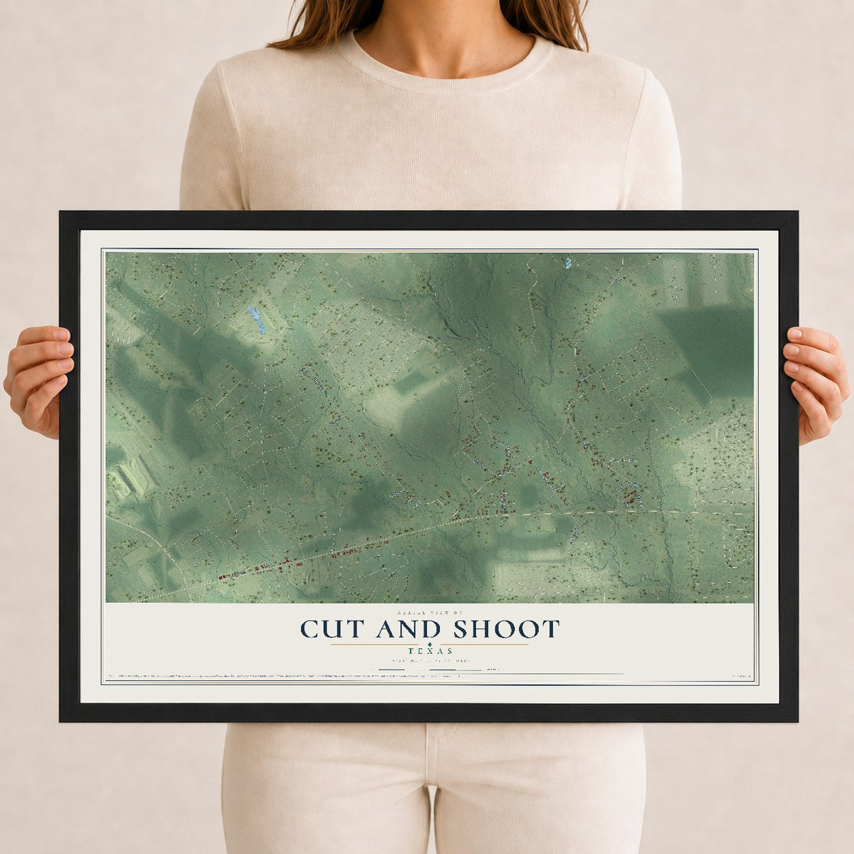 Map of Cut and Shoot, Texas, 12 x 18 inch print in a black wood frame