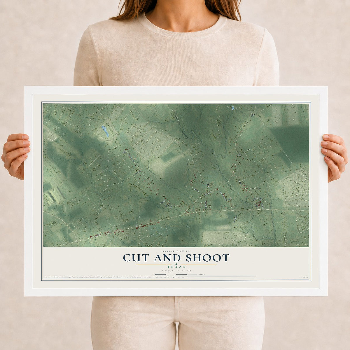 Map of Cut and Shoot, Texas, 12 x 18 inch print in a white wood frame