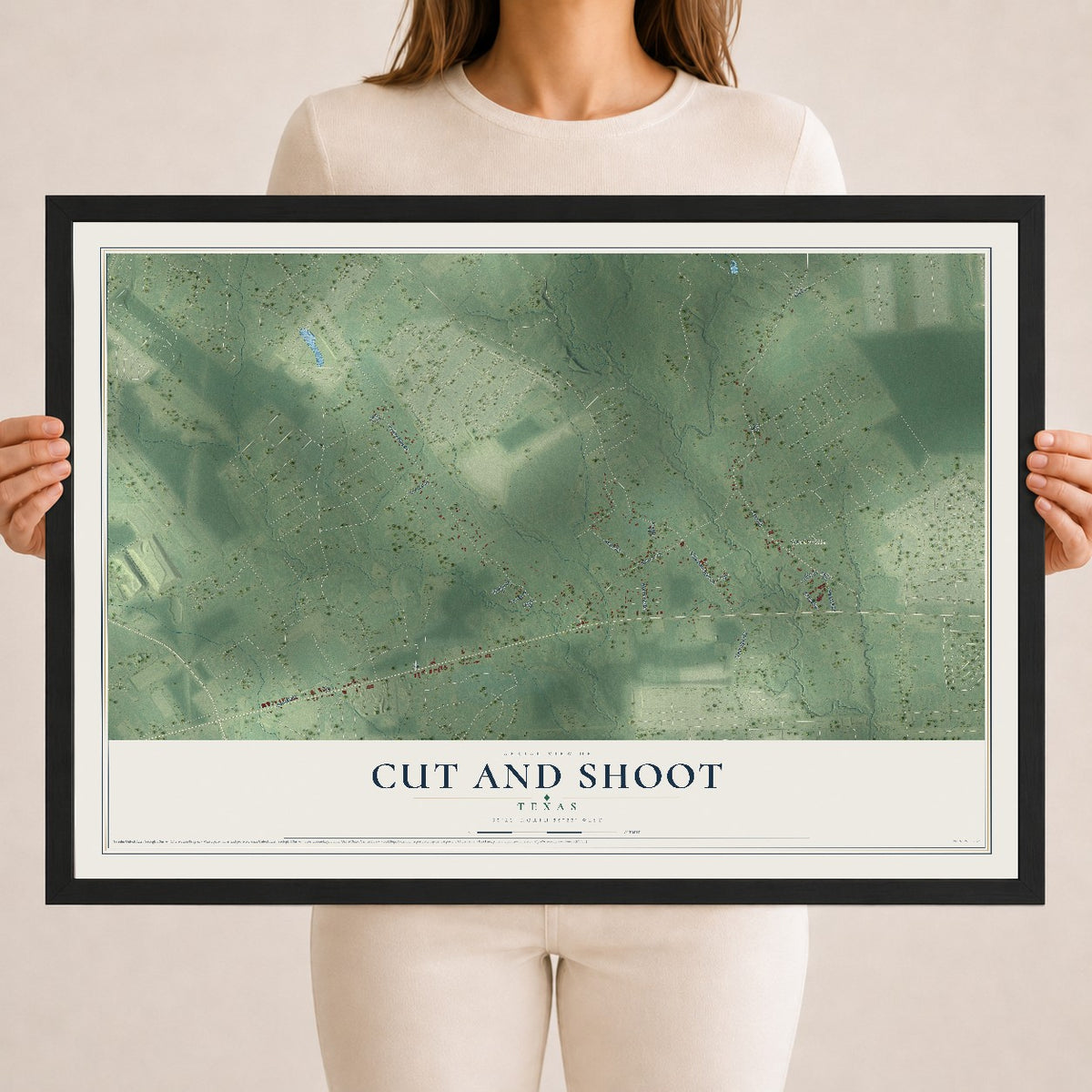 Map of Cut and Shoot, Texas, 18 x 24 inch print in a black wood frame