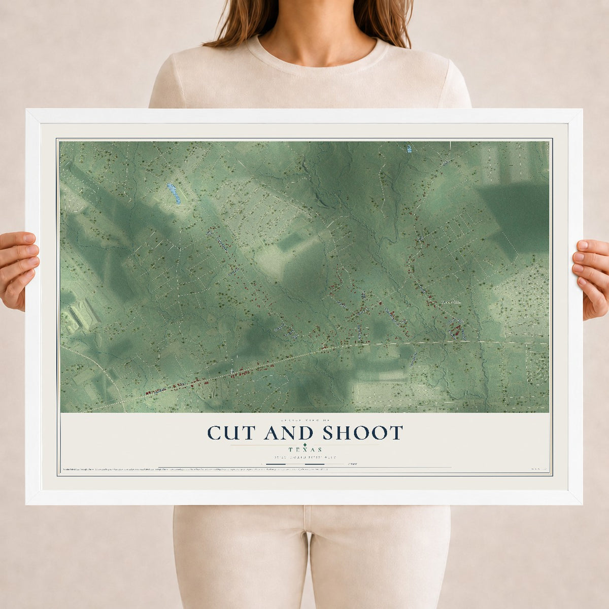 Map of Cut and Shoot, Texas, 18 x 24 inch print in a white wood frame
