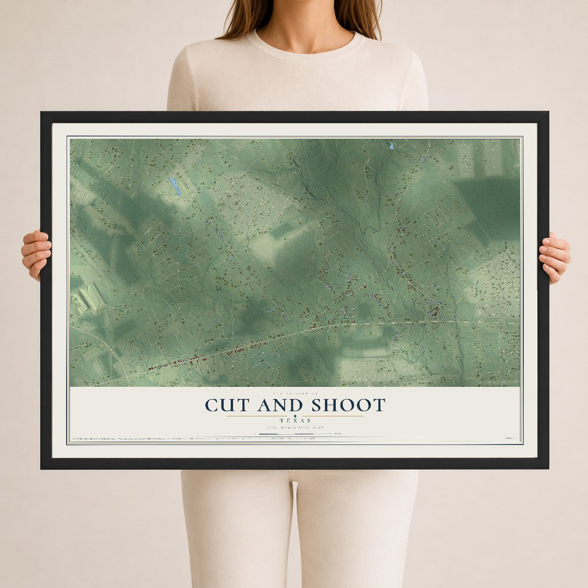 Map of Cut and Shoot, Texas, 24 x 36 inch print in a black wood frame