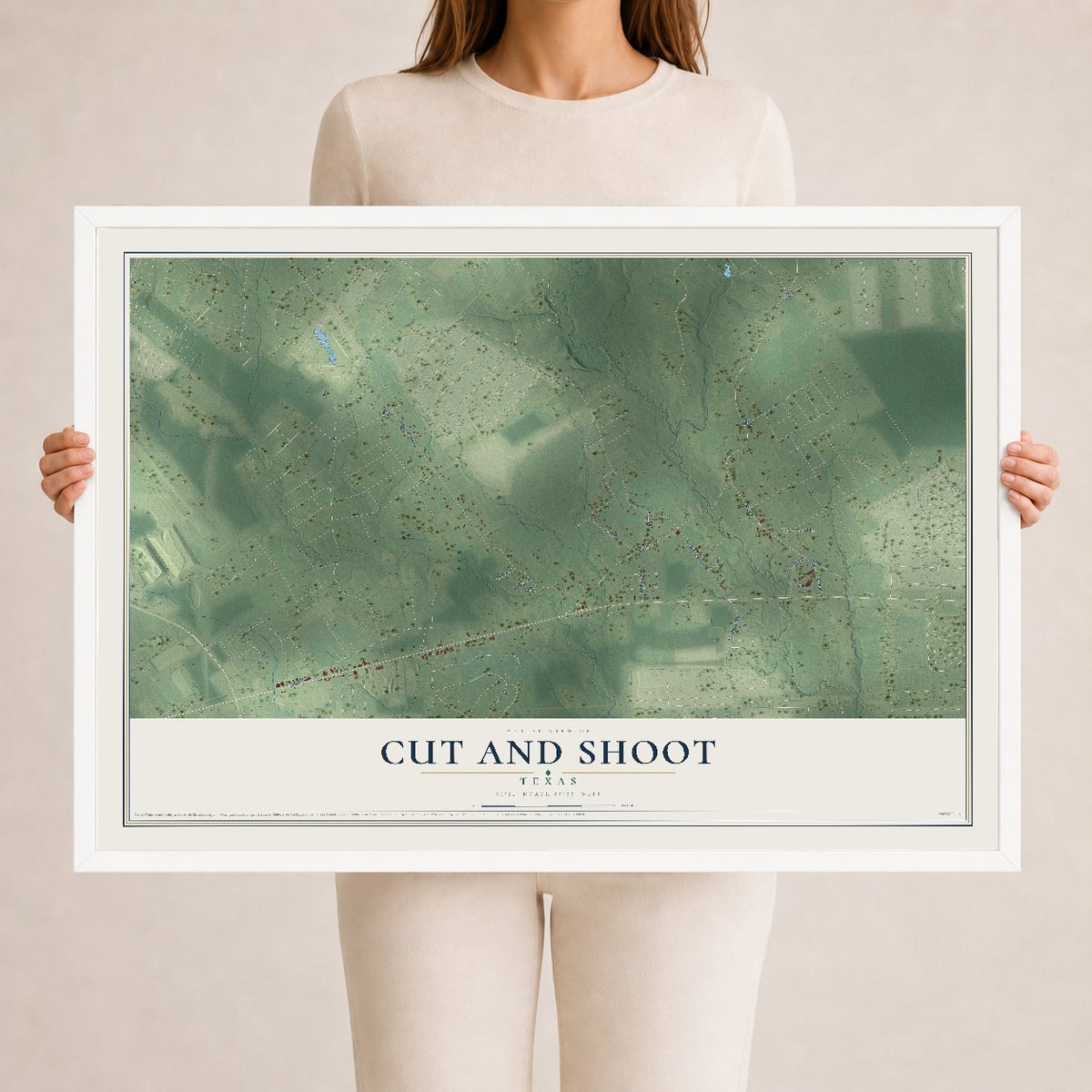 Map of Cut and Shoot, Texas, 24 x 36 inch print in a white wood frame