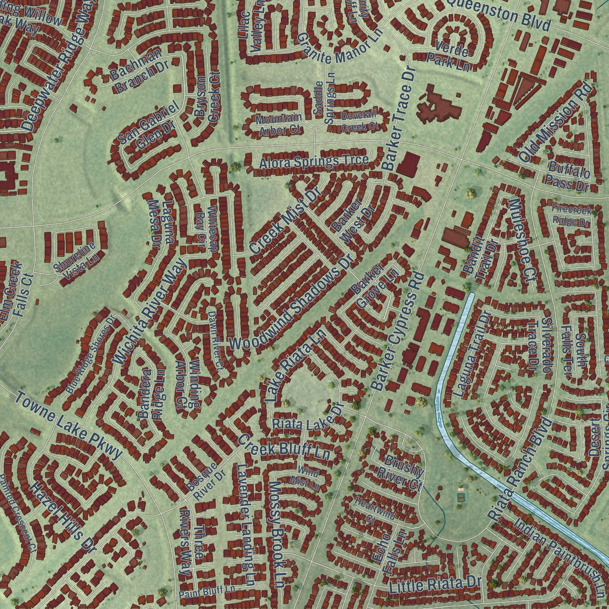 Close-up of the map of Cypress, Texas print showing street and building detail