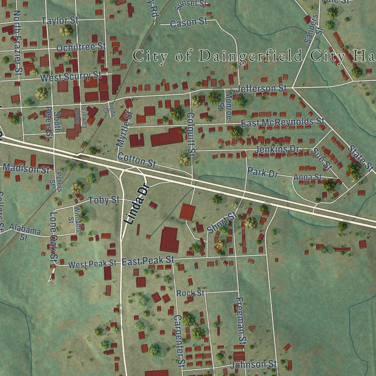 Close-up of the map of Daingerfield, Texas print showing street and building detail