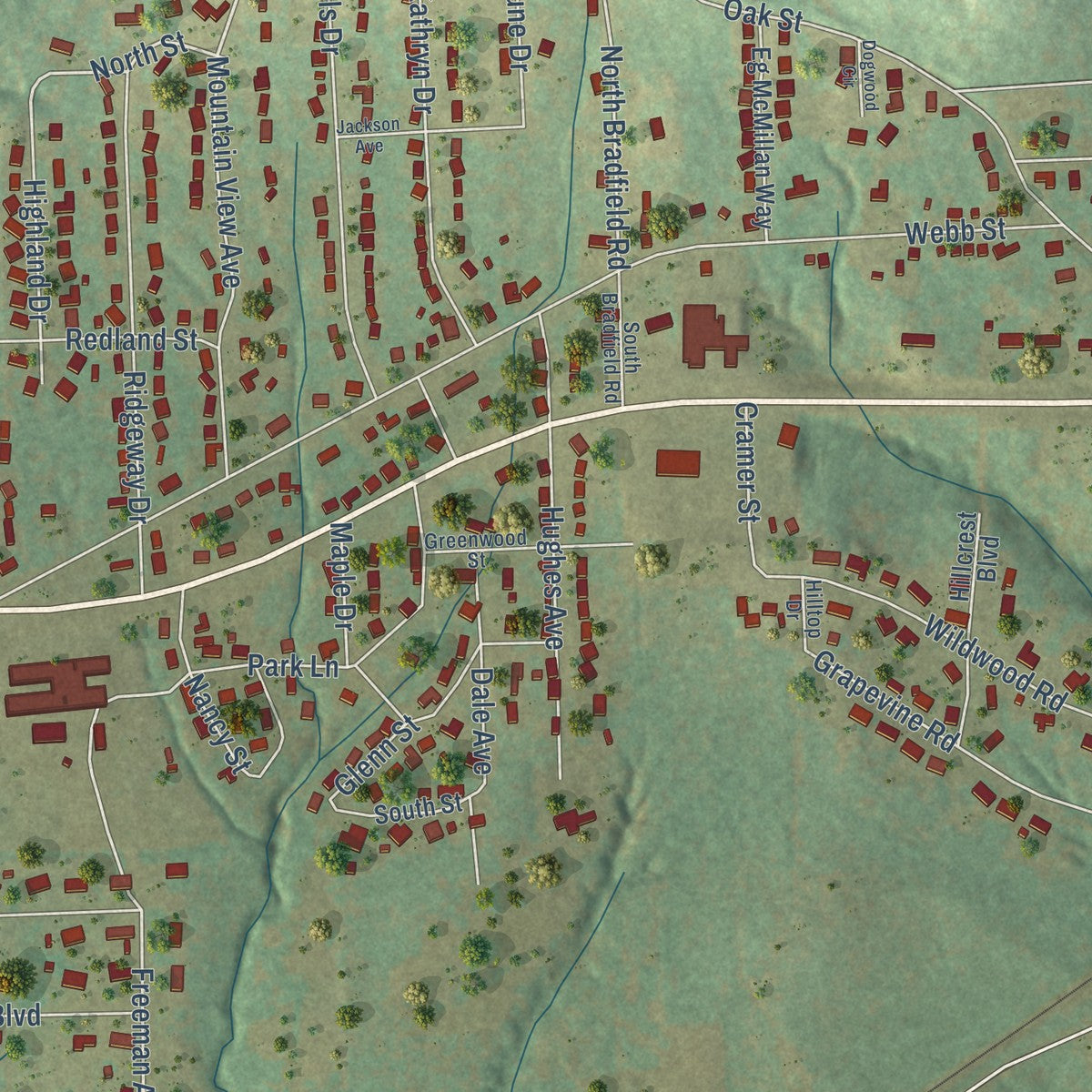 Second close-up of the map of Daingerfield, Texas print showing more streets and buildings