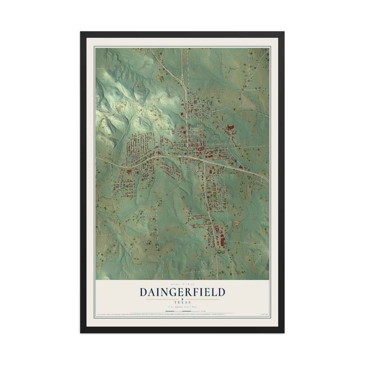 Map of Daingerfield, Texas, 12 x 18 inch print in a black wood frame