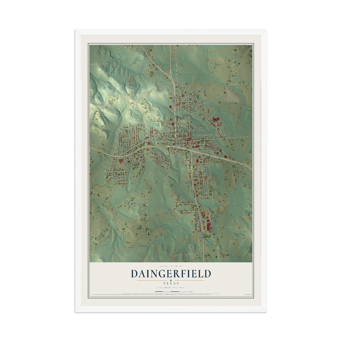 Map of Daingerfield, Texas, 12 x 18 inch print in a white wood frame
