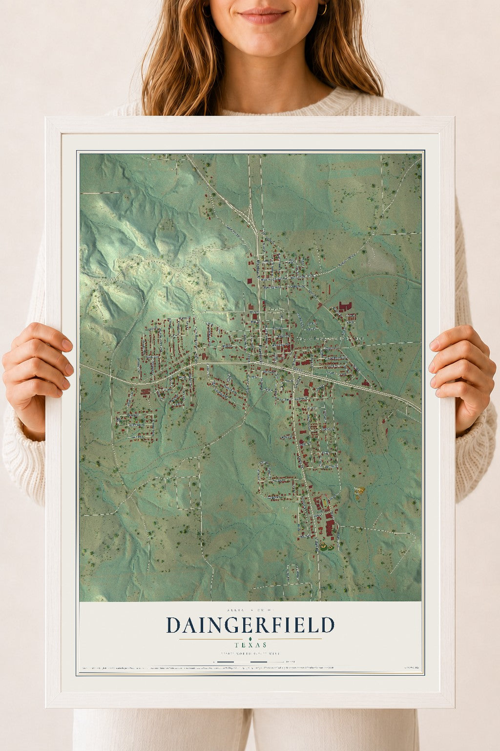 Map of Daingerfield, Texas, 18 x 24 inch print in a white wood frame