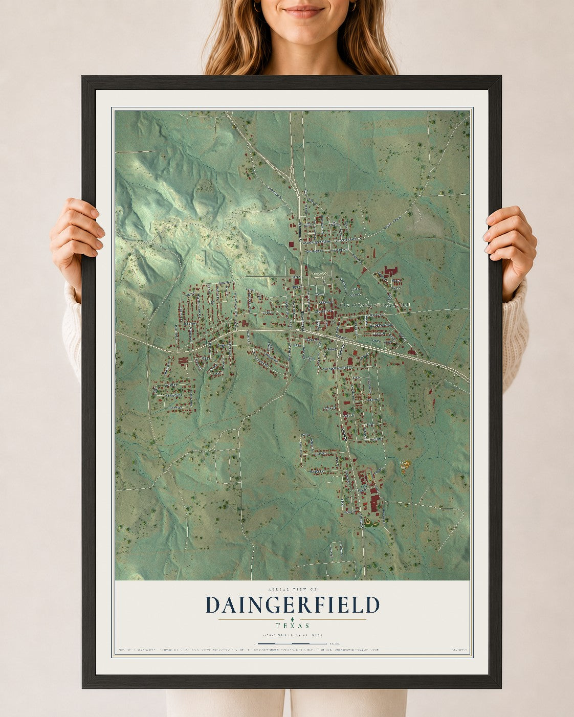 Map of Daingerfield, Texas, 24 x 36 inch print in a black wood frame