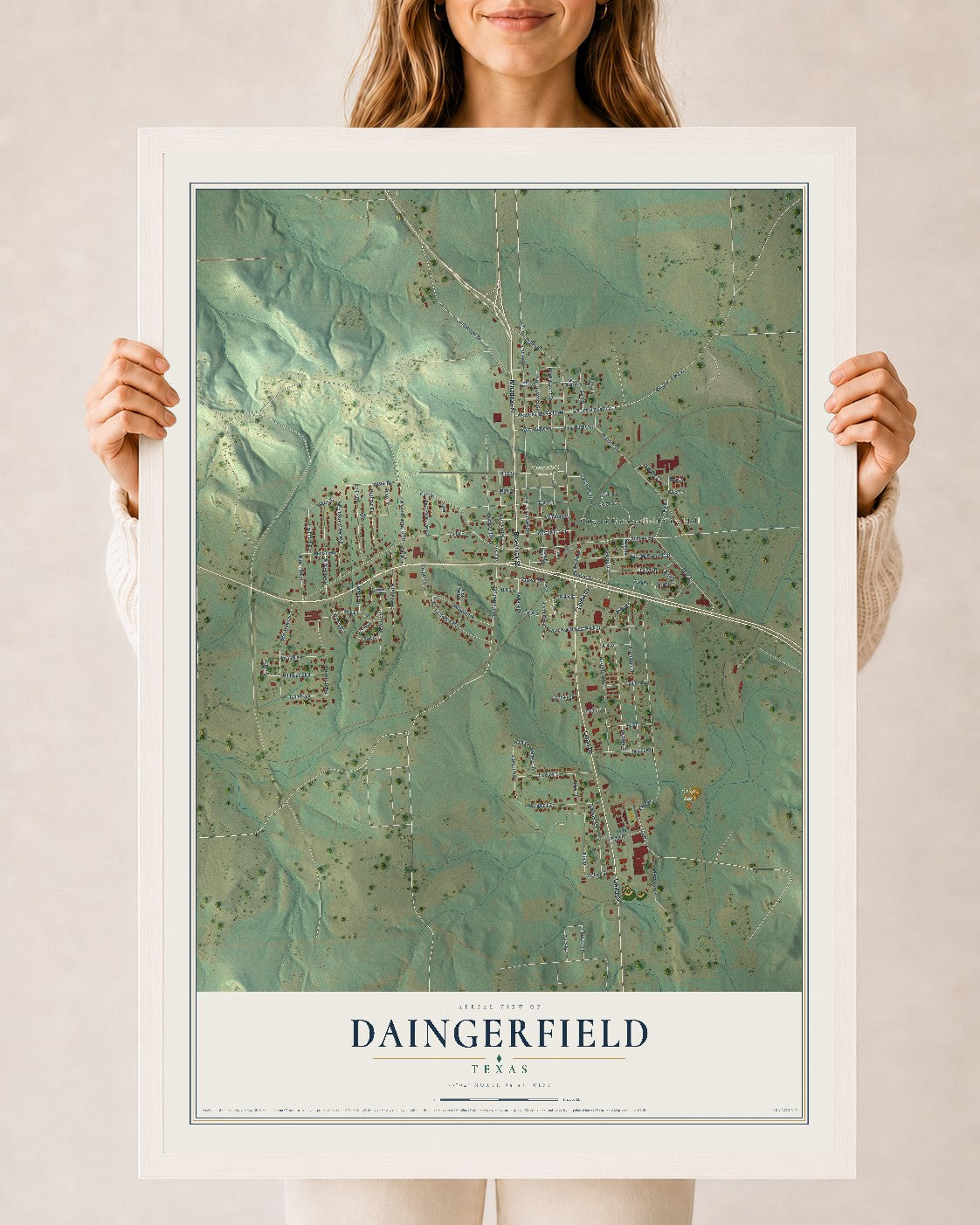 Map of Daingerfield, Texas, 24 x 36 inch print in a white wood frame