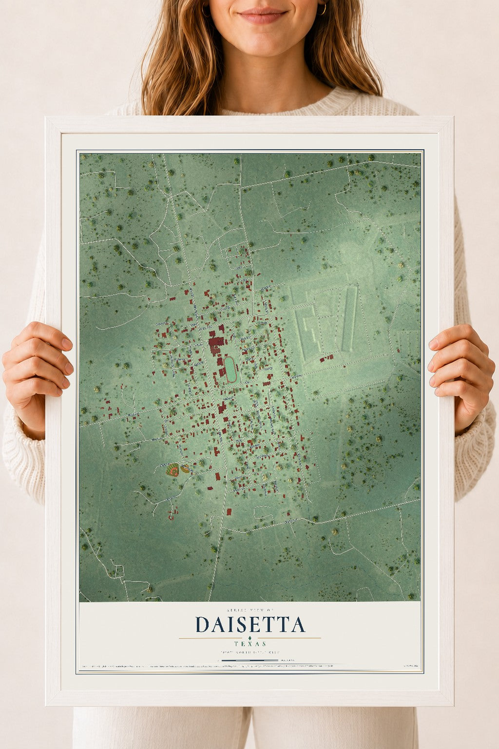 Map of Daisetta, Texas, 18 x 24 inch print in a white wood frame