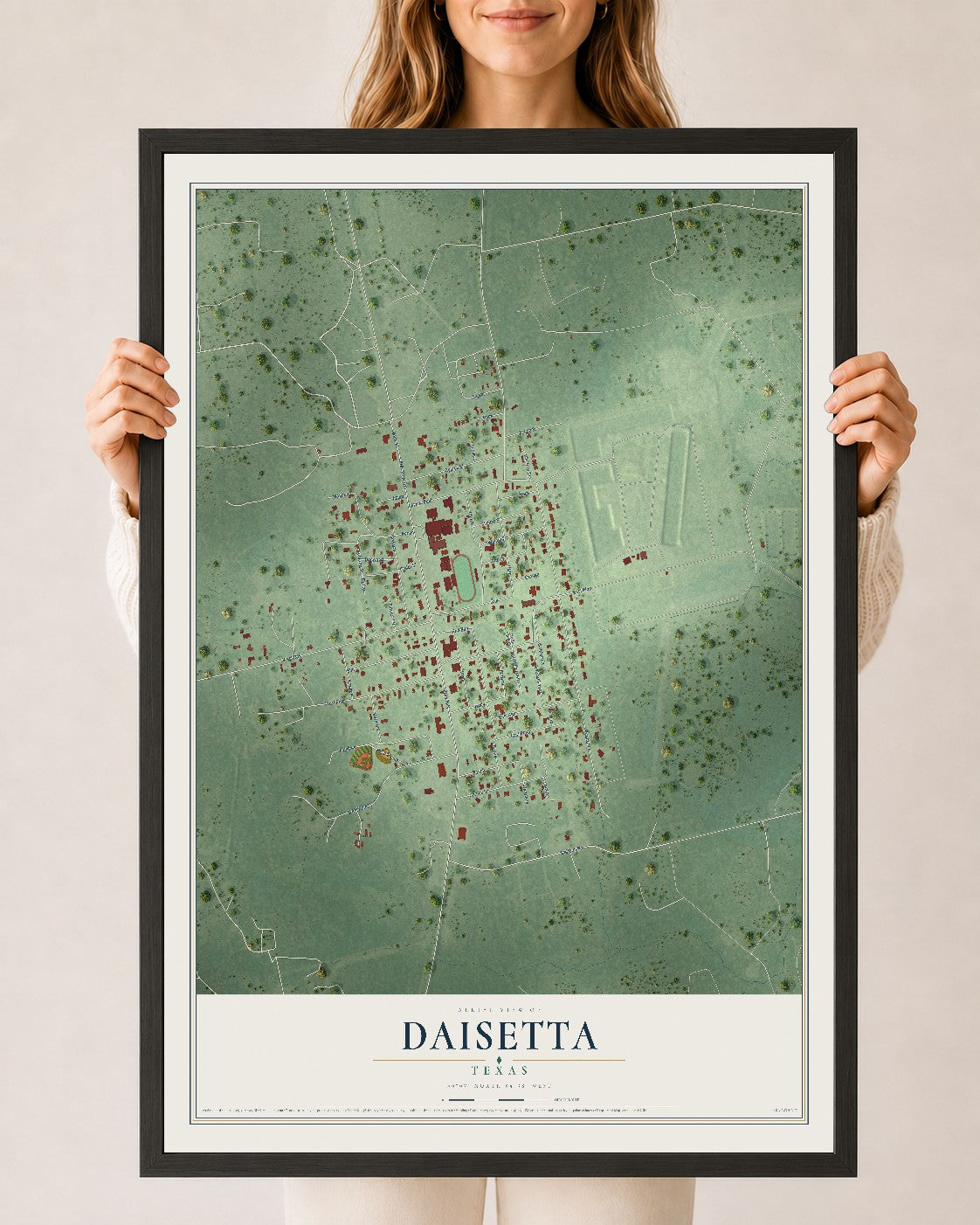 Map of Daisetta, Texas, 24 x 36 inch print in a black wood frame