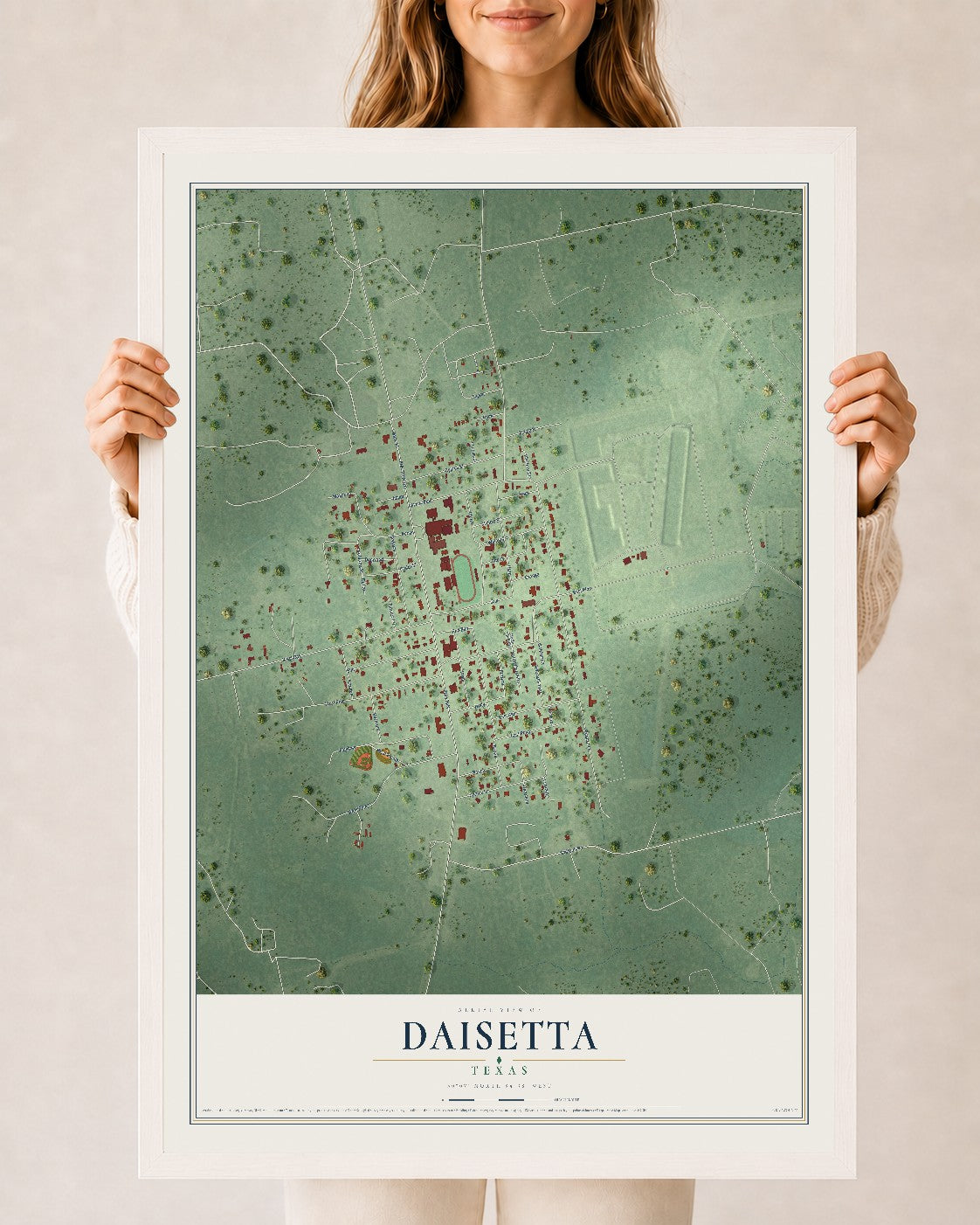 Map of Daisetta, Texas, 24 x 36 inch print in a white wood frame
