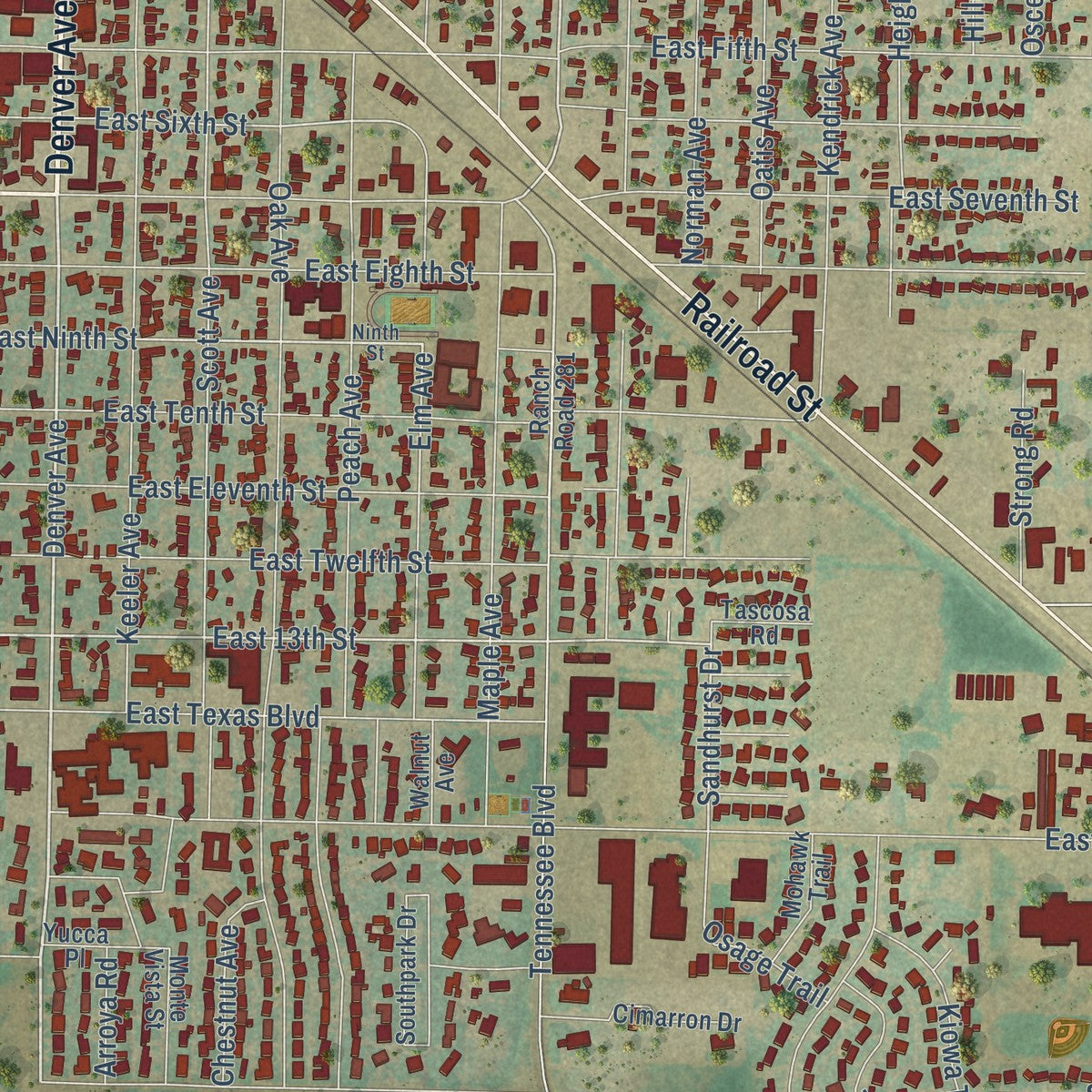 Close-up of the map of Dalhart, Texas print showing street and building detail