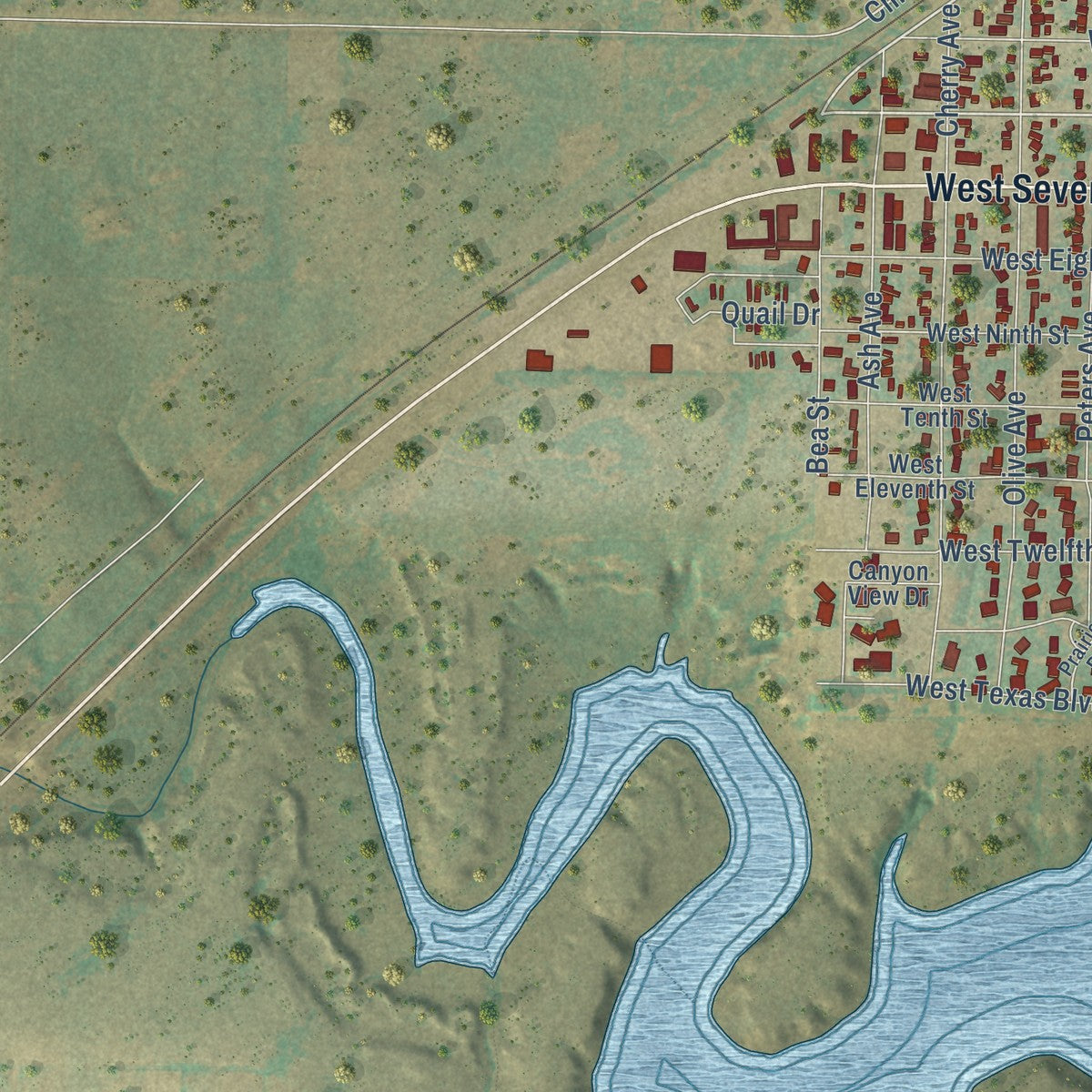 Second close-up of the map of Dalhart, Texas print showing more streets and buildings