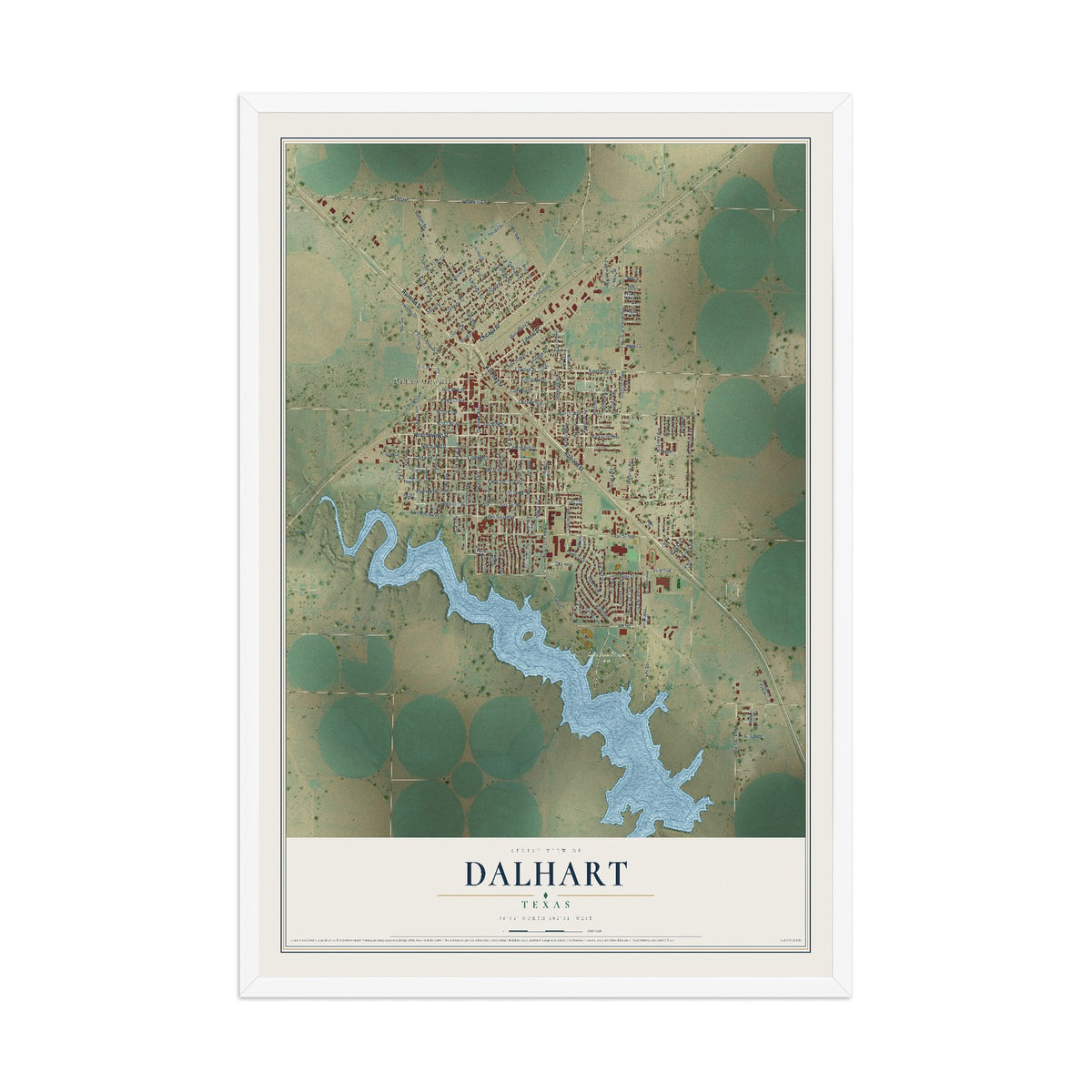 Map of Dalhart, Texas, 12 x 18 inch print in a white wood frame