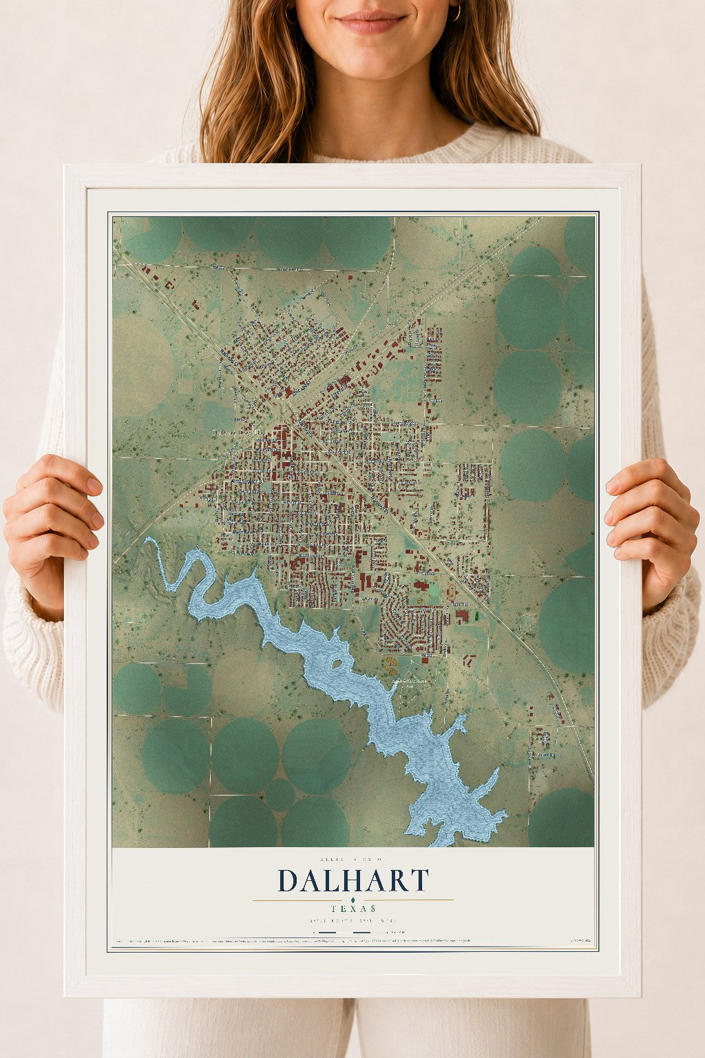 Map of Dalhart, Texas, 18 x 24 inch print in a white wood frame