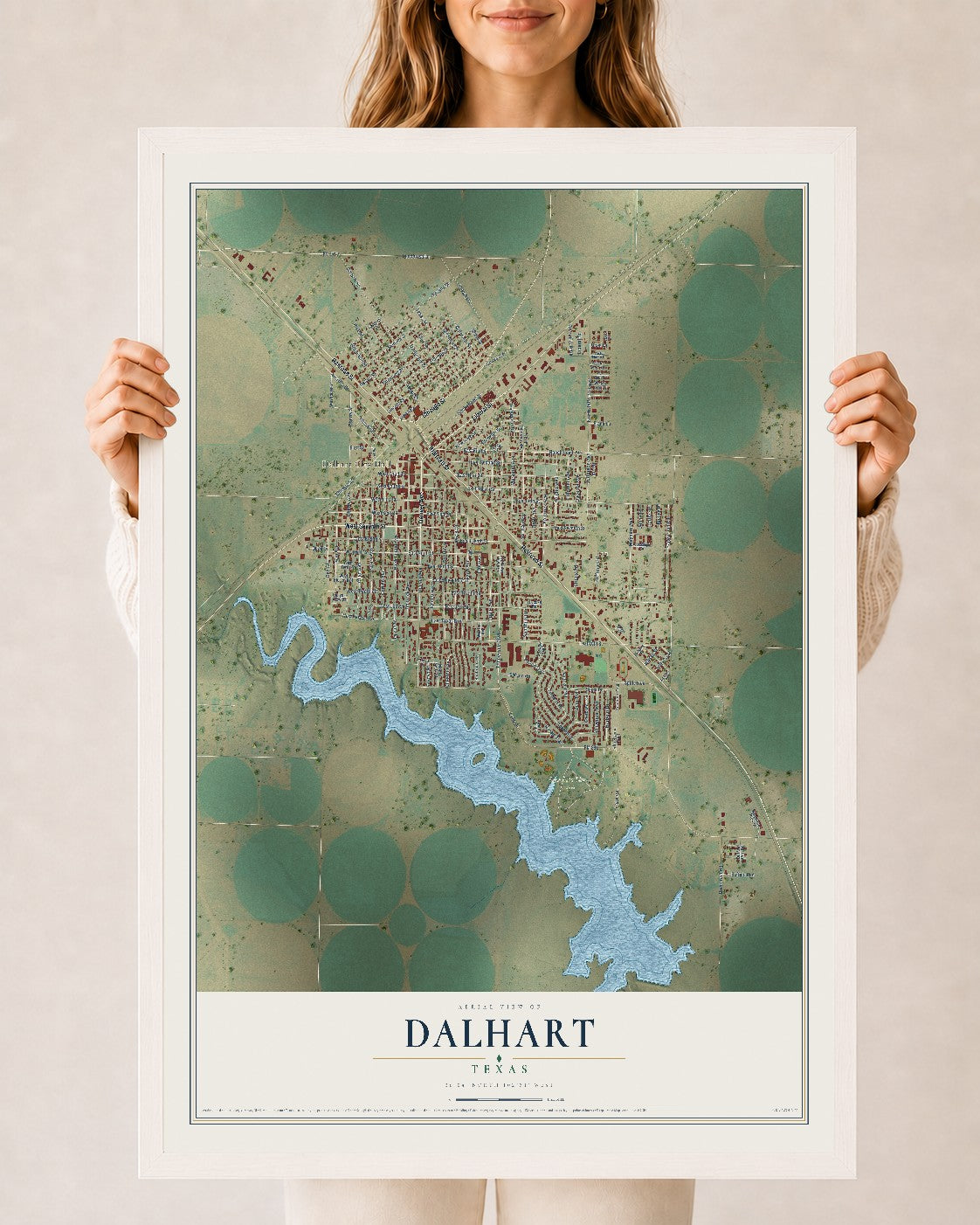 Map of Dalhart, Texas, 24 x 36 inch print in a white wood frame