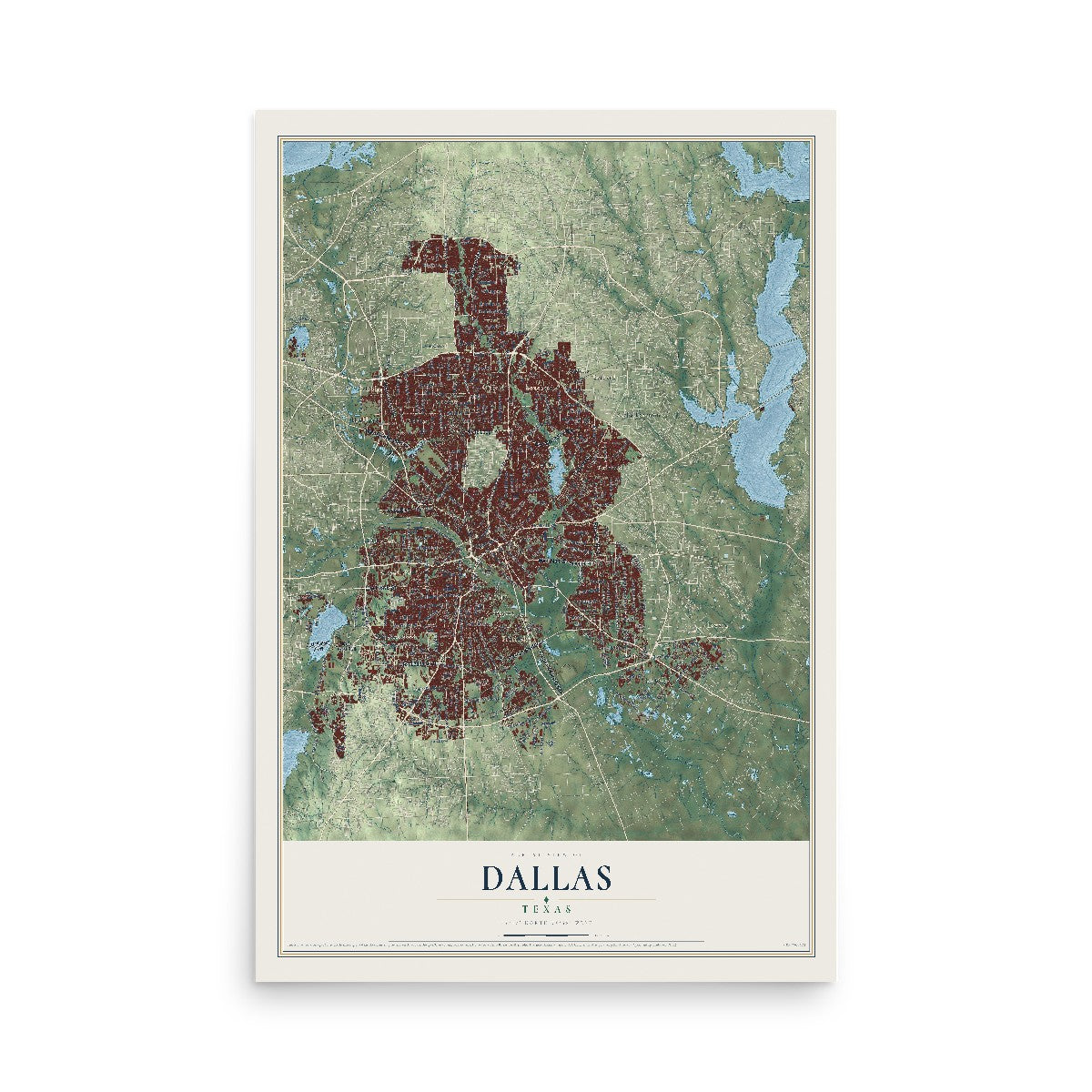 Map of Dallas, Texas, 12 x 18 inch unframed archival matte print