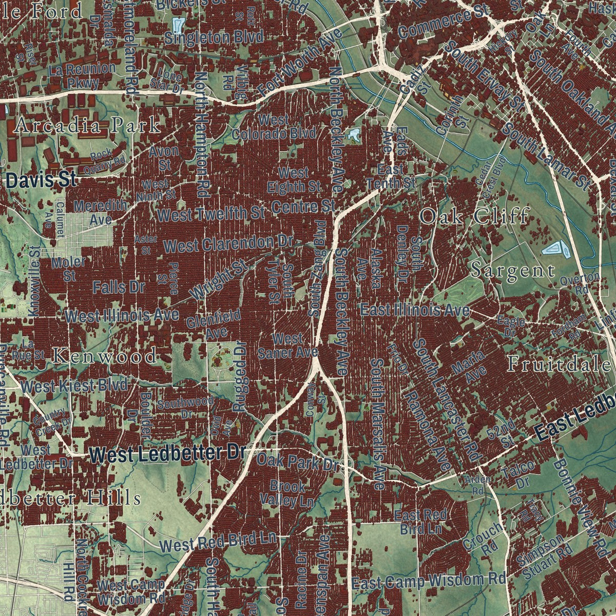 Close-up of the map of Dallas, Texas print showing street and building detail