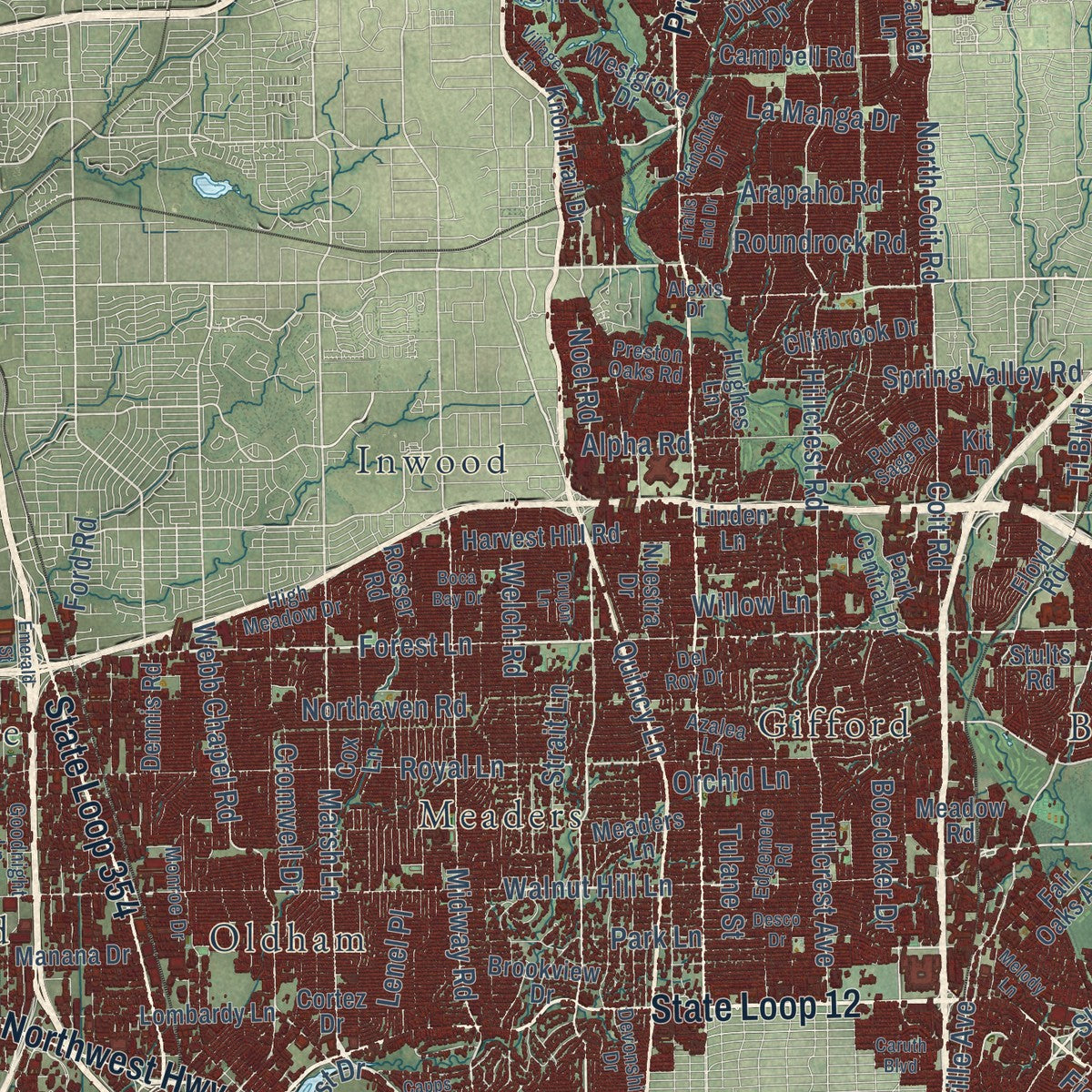 Second close-up of the map of Dallas, Texas print showing more streets and buildings