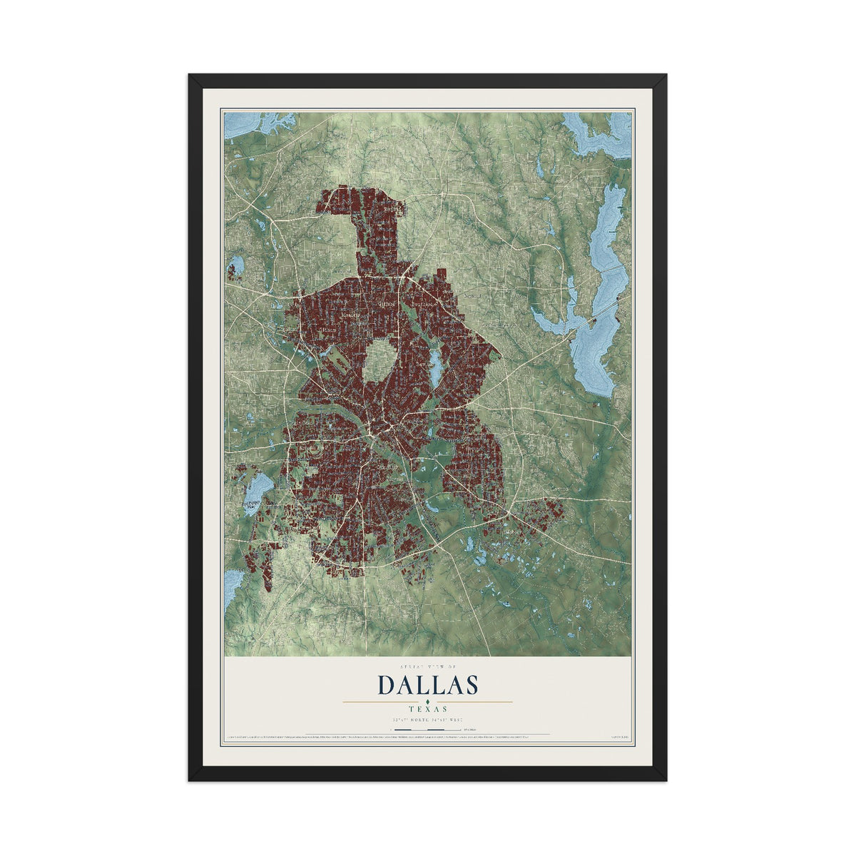 Map of Dallas, Texas, 12 x 18 inch print in a black wood frame