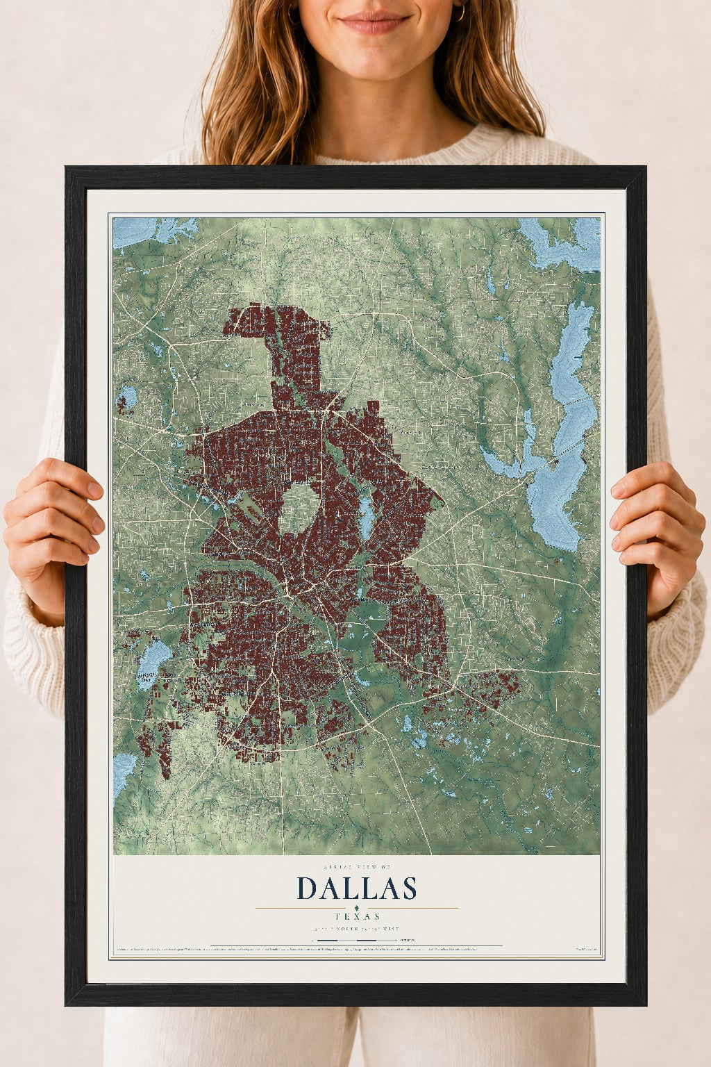 Map of Dallas, Texas, 18 x 24 inch print in a black wood frame