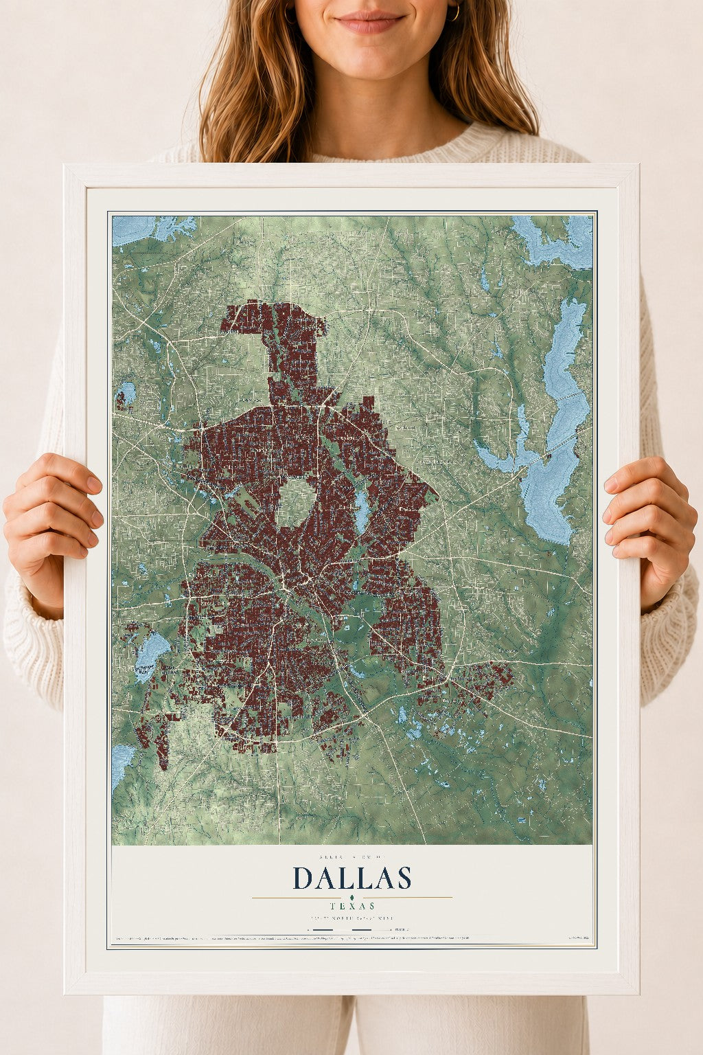 Map of Dallas, Texas, 18 x 24 inch print in a white wood frame