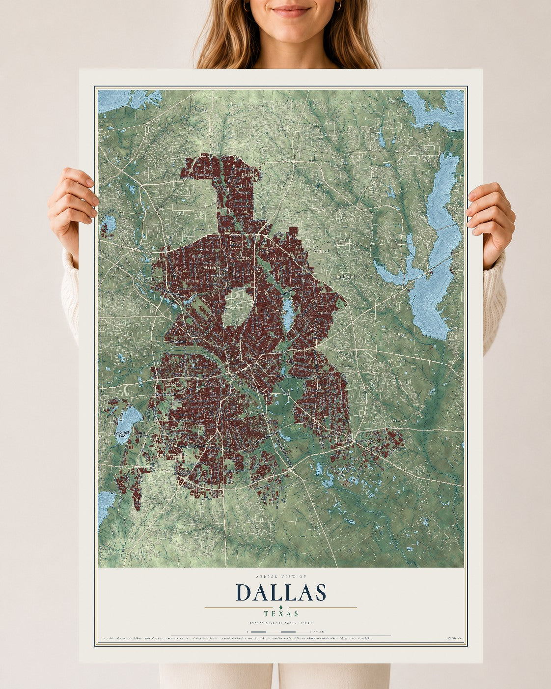 Map of Dallas, Texas, 24 x 36 inch unframed archival matte print