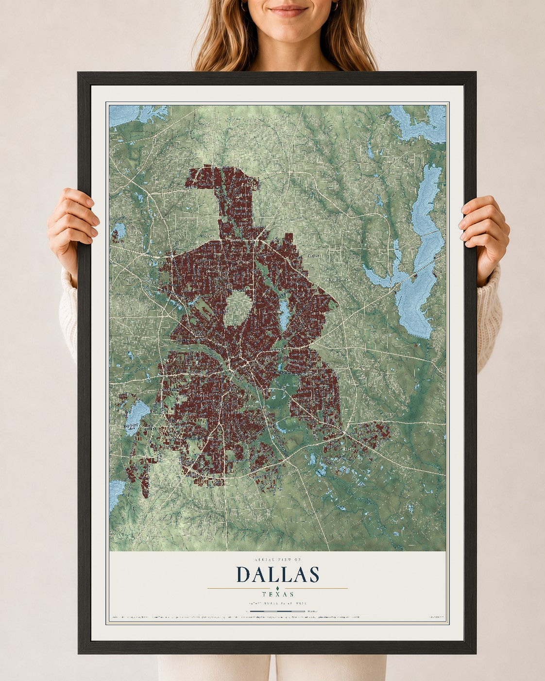 Map of Dallas, Texas, 24 x 36 inch print in a black wood frame