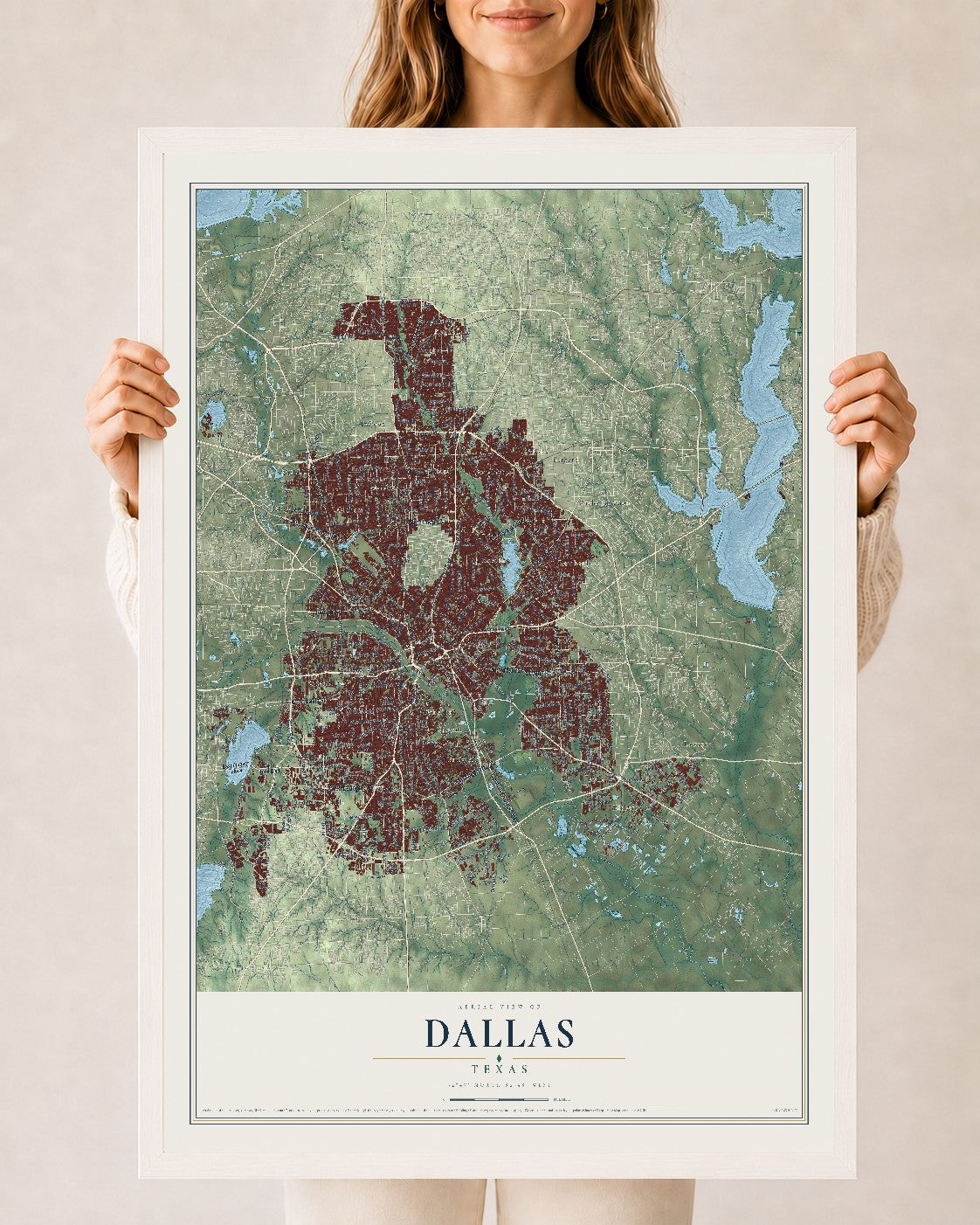 Map of Dallas, Texas, 24 x 36 inch print in a white wood frame