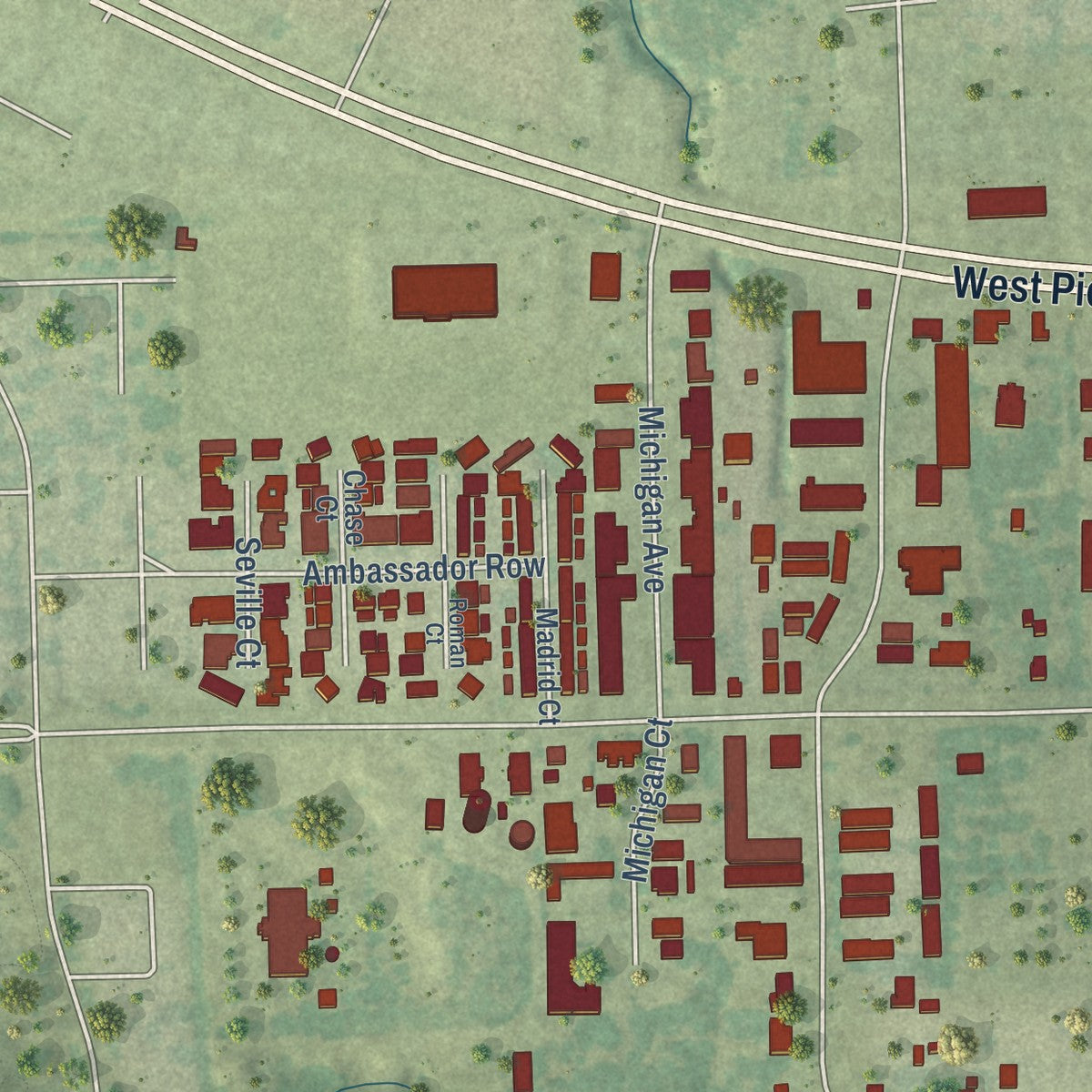 Close-up of the map of Dalworthington Gardens, Texas print showing street and building detail