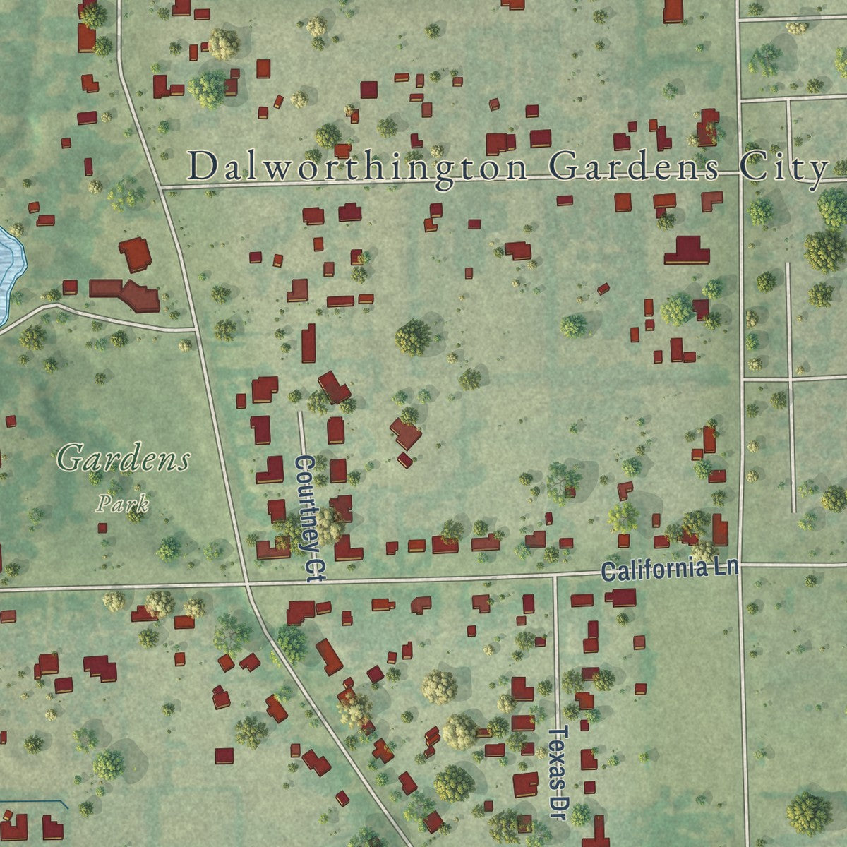 Second close-up of the map of Dalworthington Gardens, Texas print showing more streets and buildings