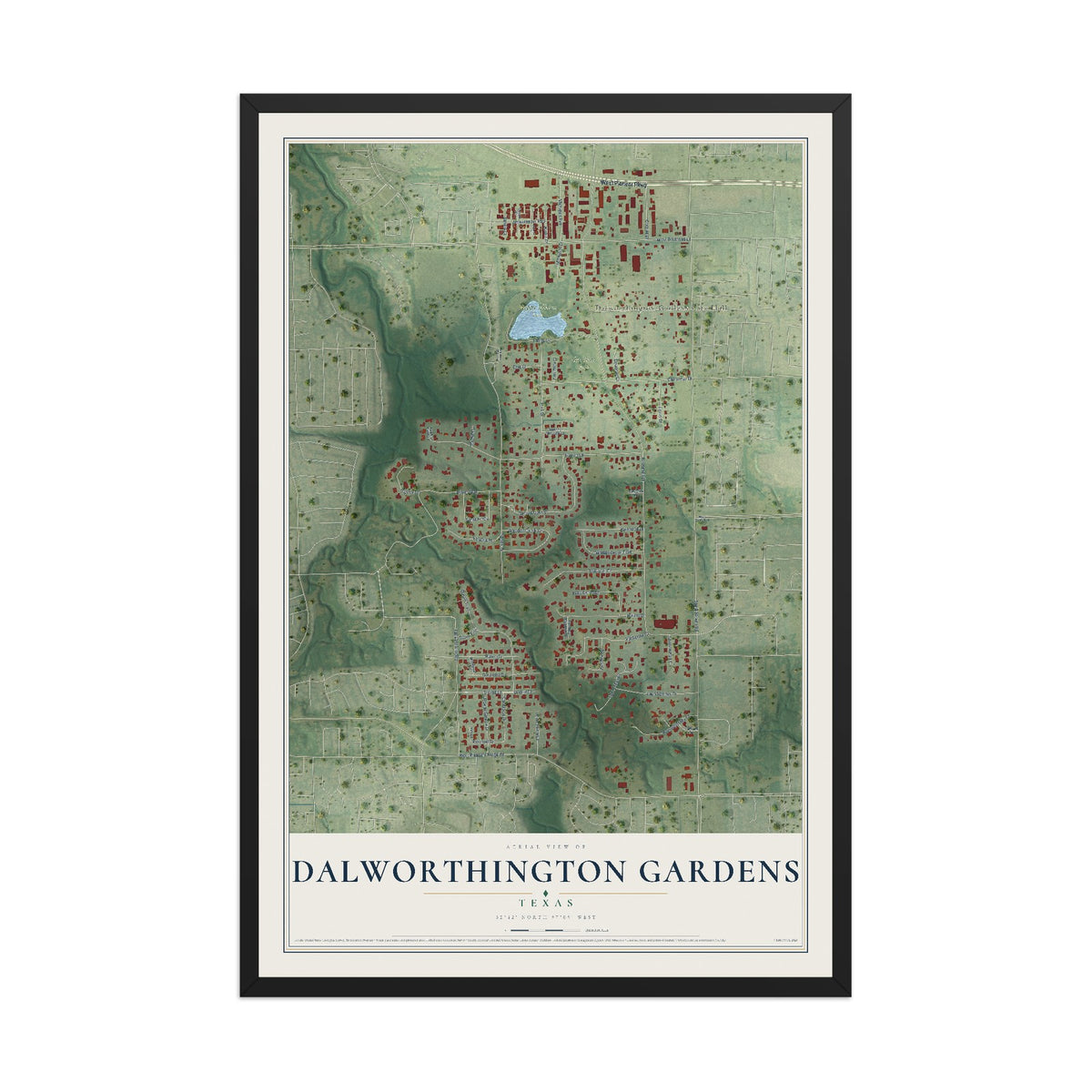 Map of Dalworthington Gardens, Texas, 12 x 18 inch print in a black wood frame