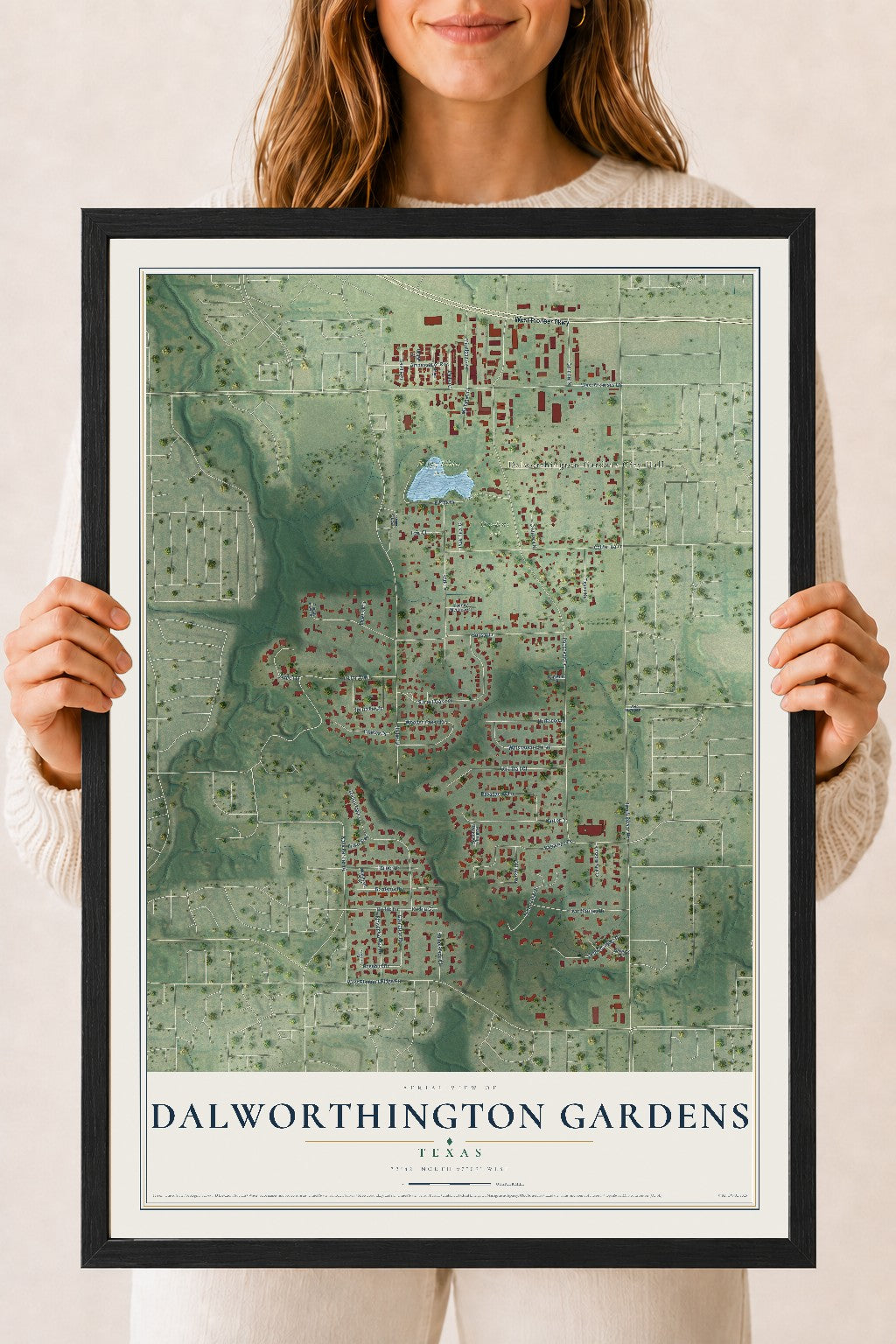Map of Dalworthington Gardens, Texas, 18 x 24 inch print in a black wood frame